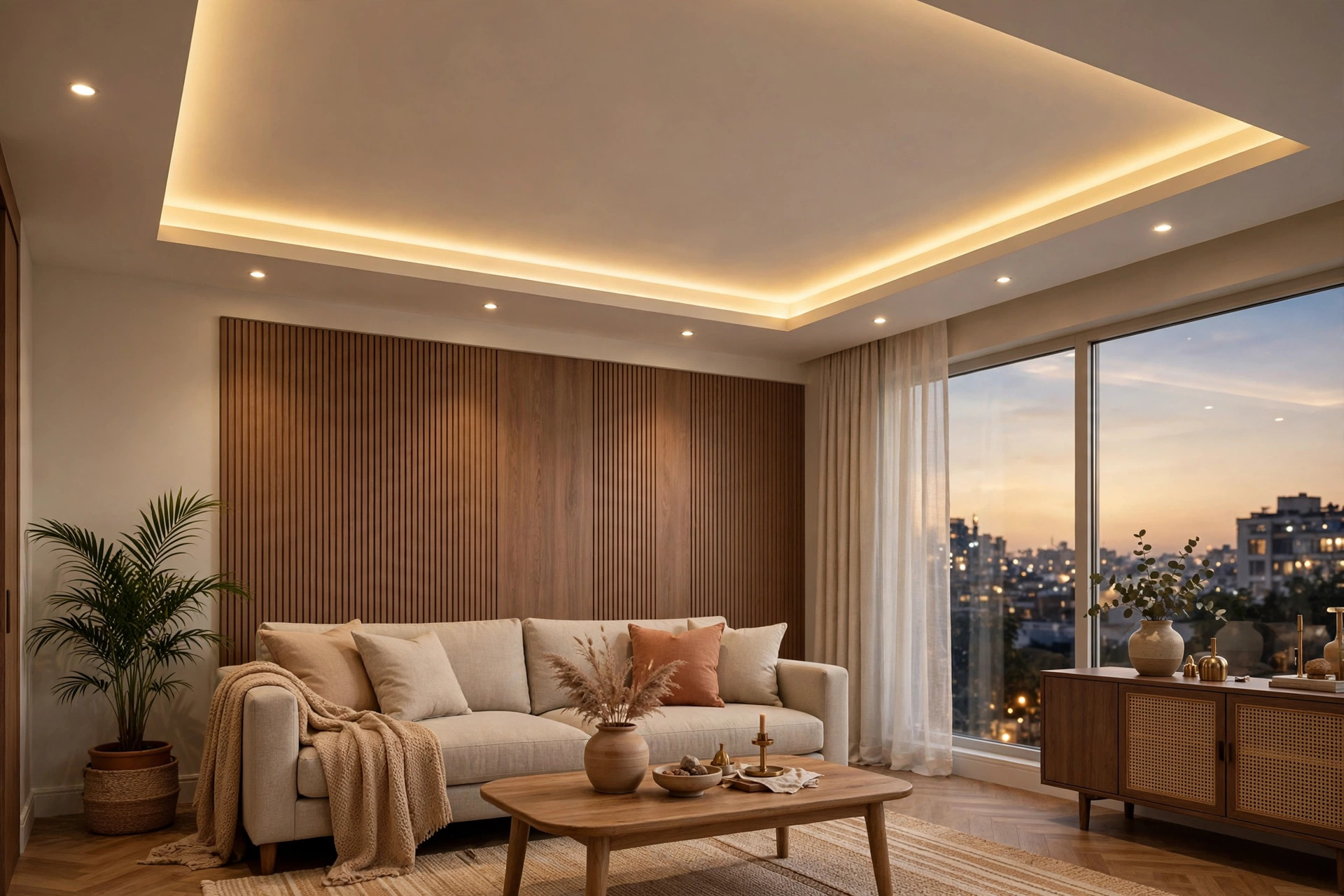 Concept render of a modern Indian living room with a two-layer gypsum false ceiling and warm cove lighting