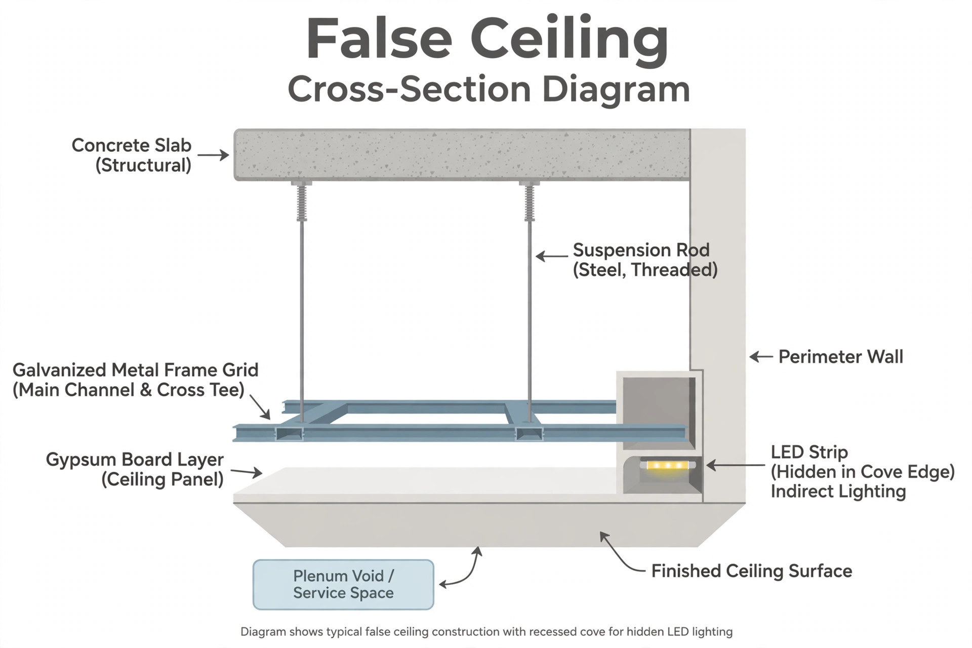 Illustration showing a labeled cross-section of a false ceiling: slab, rods, metal frame, gypsum board and cove LED strip