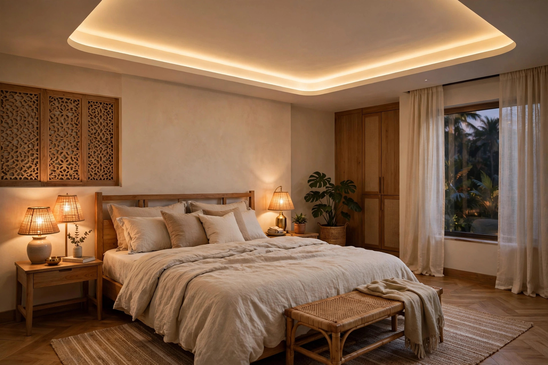 Concept render of an Indian bedroom with a tray false ceiling and soft cove lighting