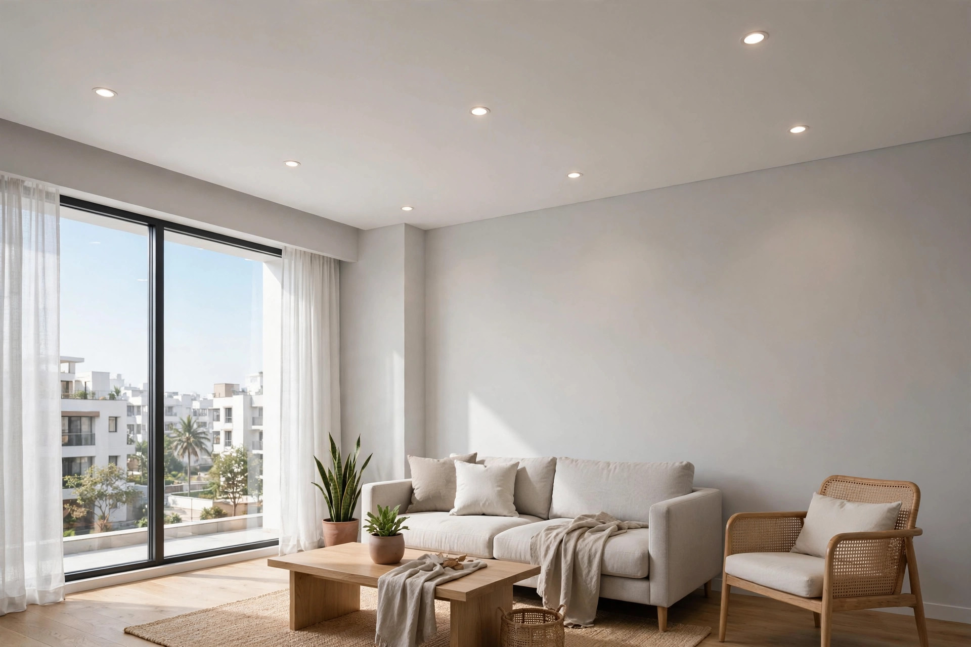 Concept render of a minimalist Indian living room with a flat single-layer gypsum false ceiling