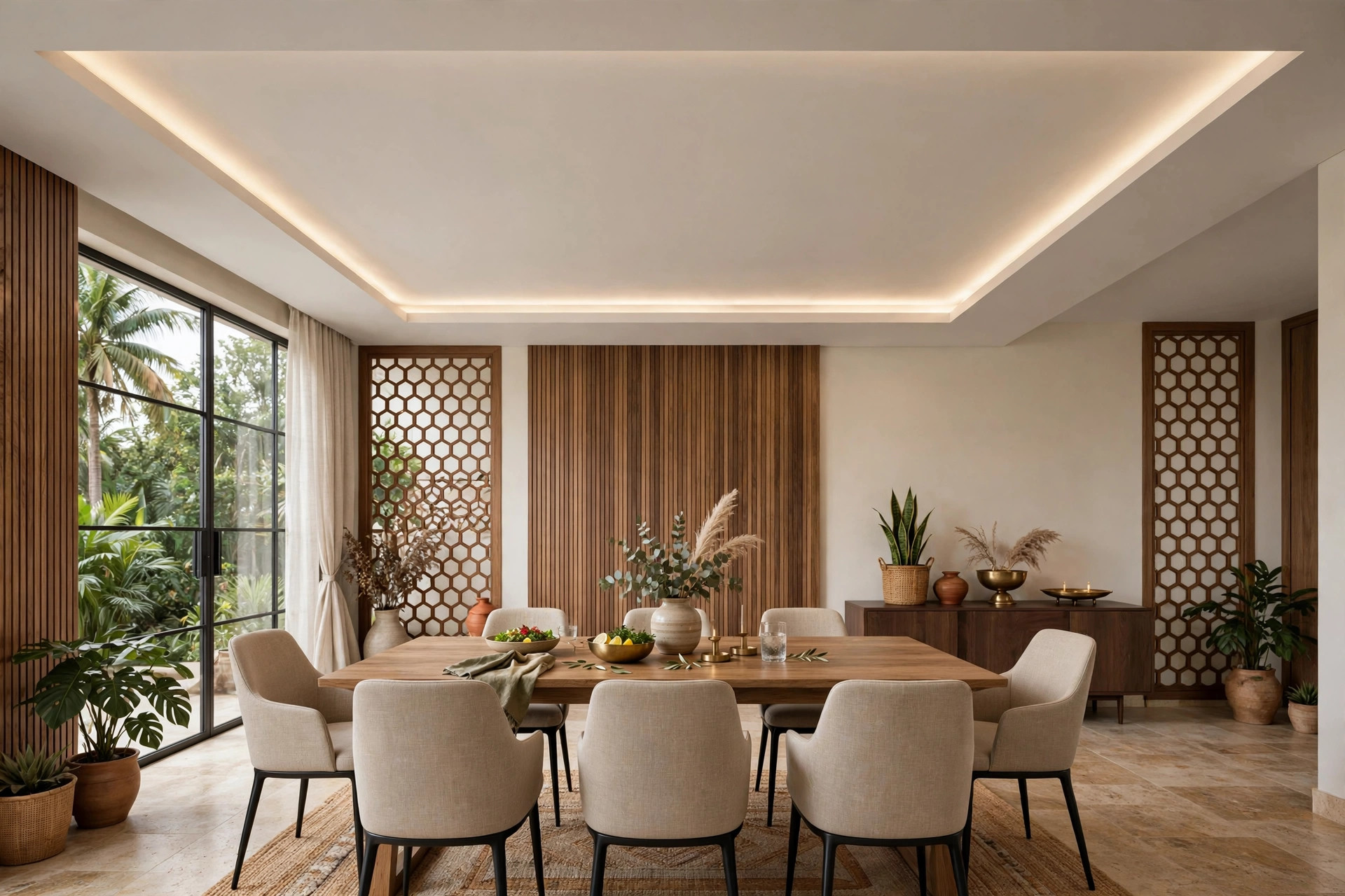 Concept render of an Indian dining room with a peripheral border false ceiling along the edges