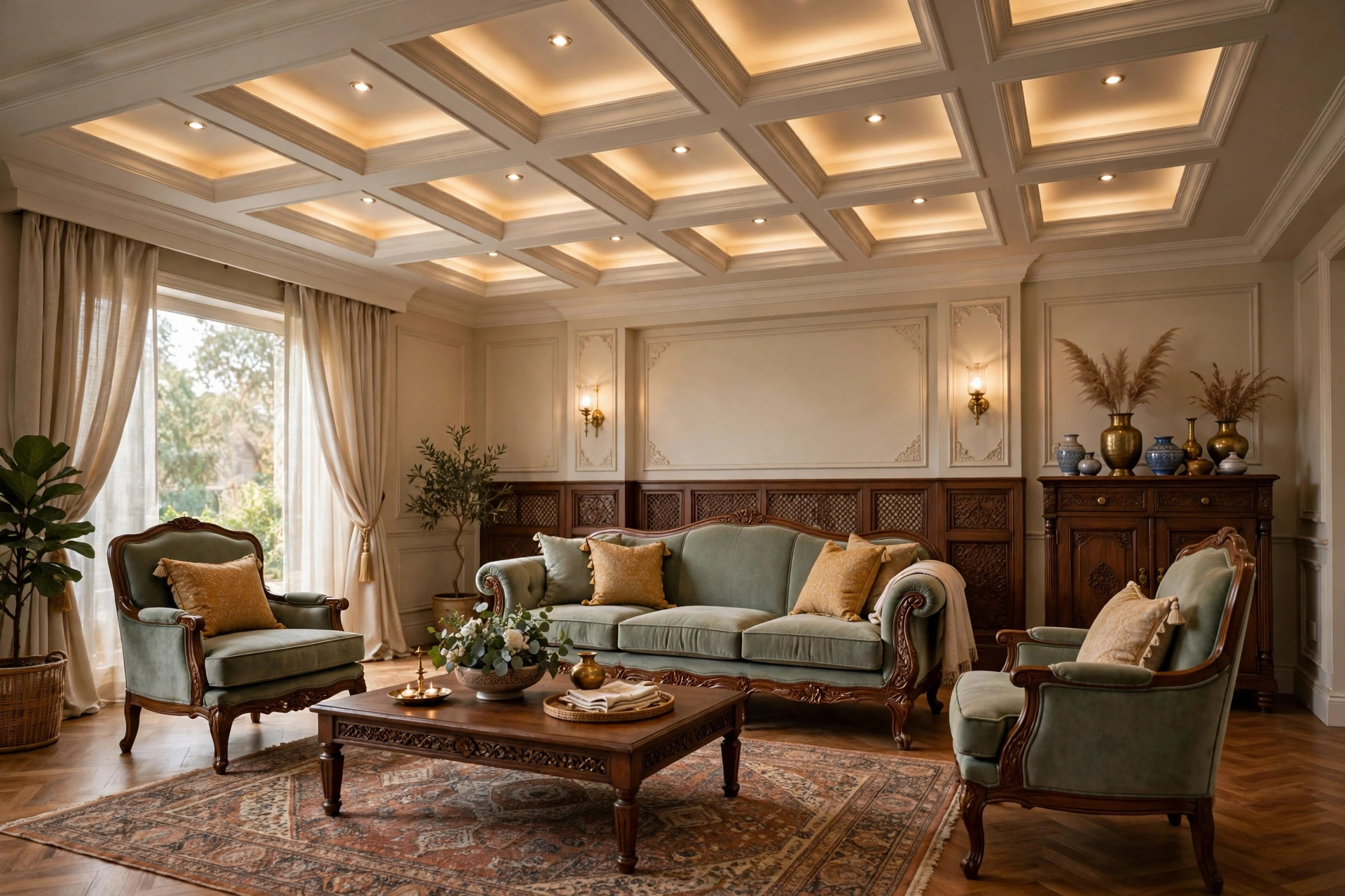 Concept render of an elegant Indian living room with a coffered false ceiling