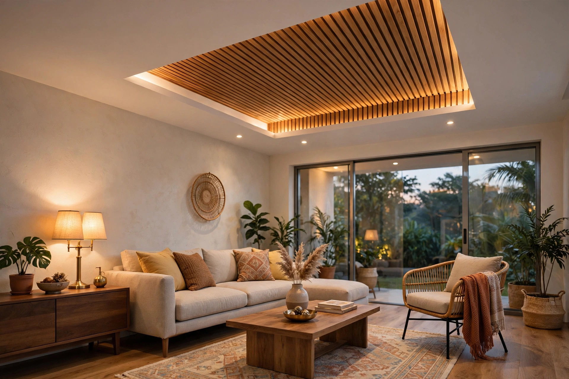 Concept render of an Indian living room with a wooden slat accent panel in the false ceiling