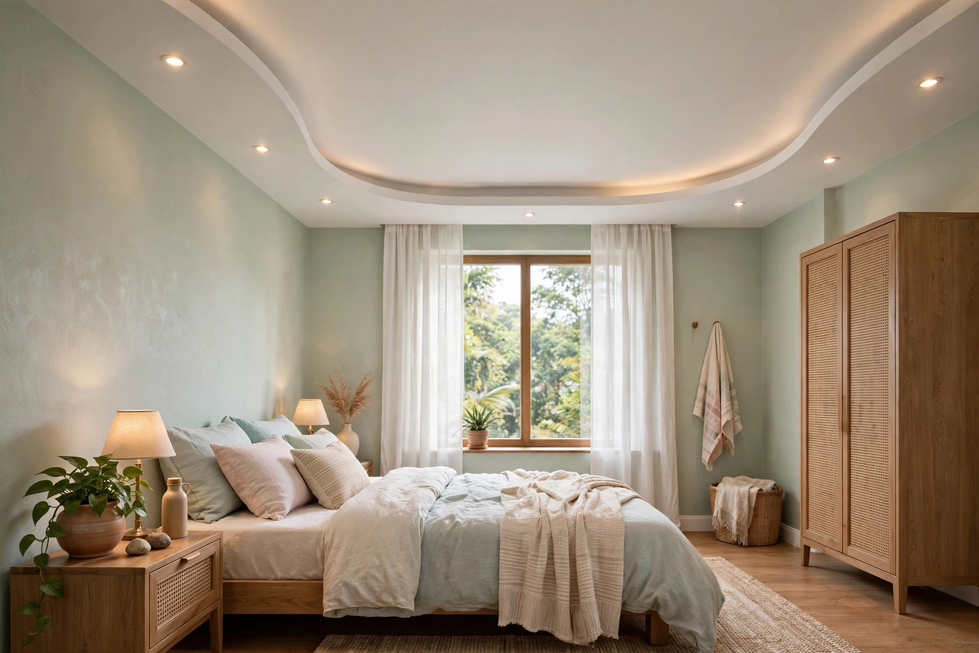 Concept render of an Indian bedroom with a simple curved POP false ceiling