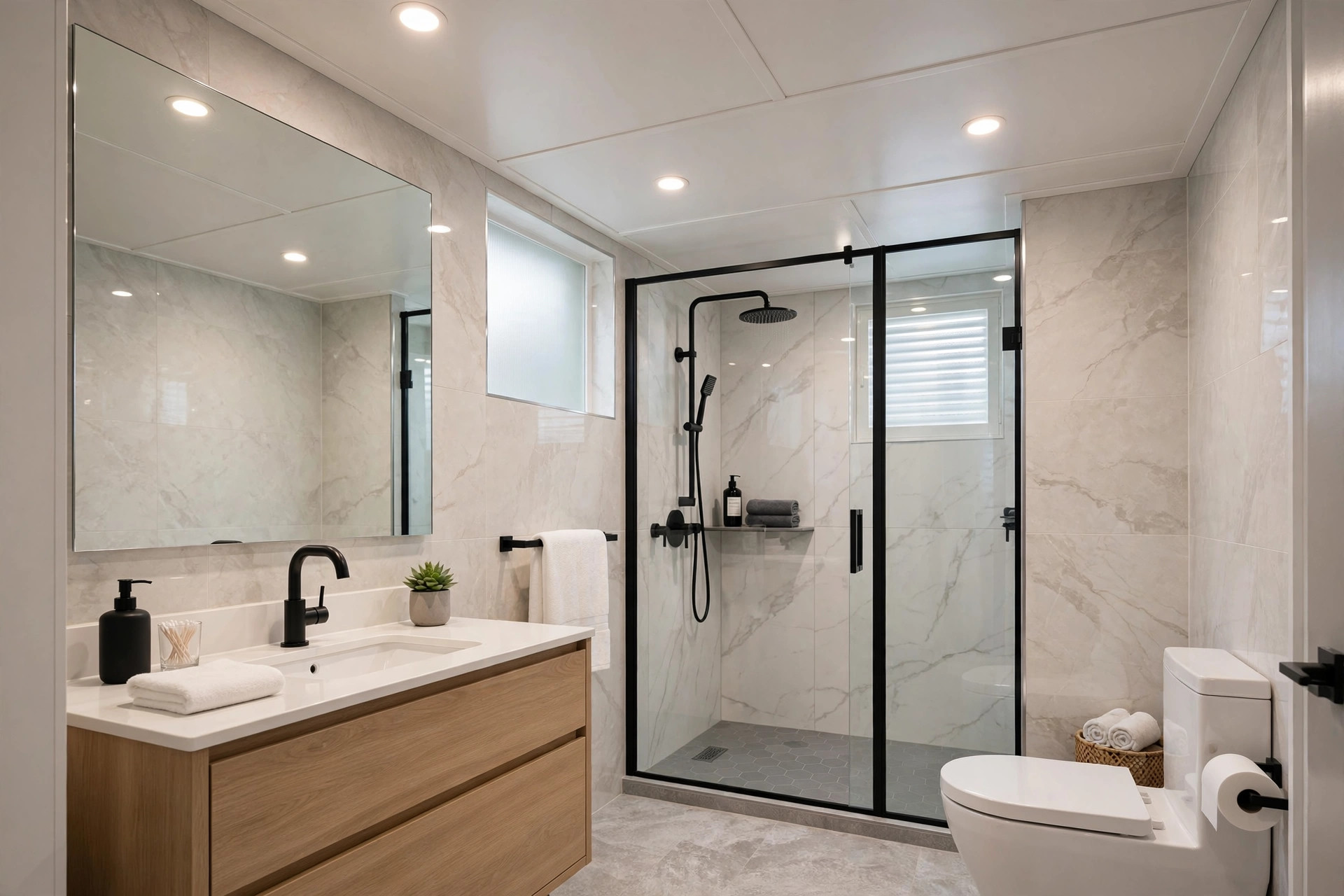 Concept render of a modern Indian bathroom with a white PVC panel false ceiling