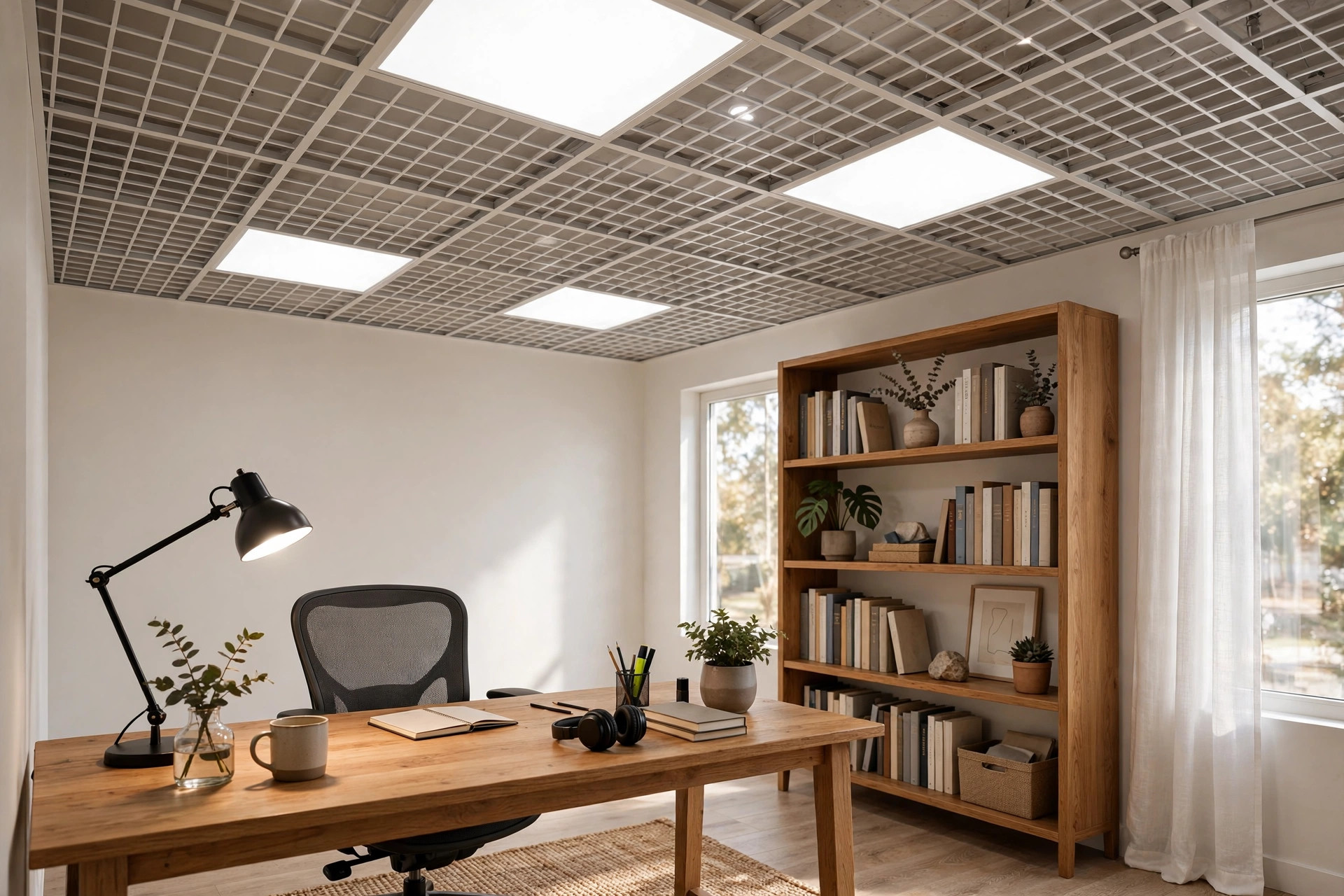 Concept render of a home office with a white metal grid tile false ceiling