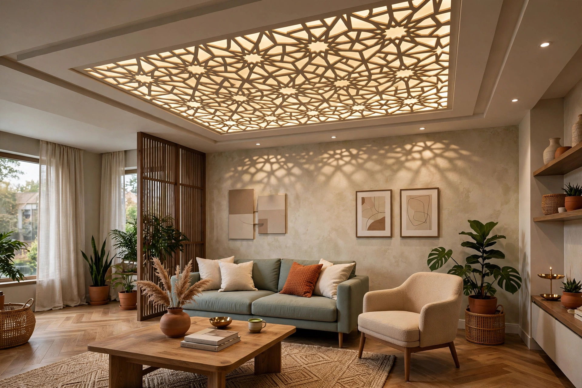 Concept render of an Indian living room with a backlit geometric ceiling panel