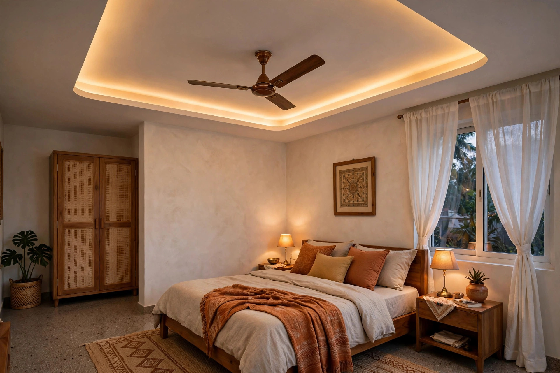 Concept render of an Indian bedroom with a tray false ceiling and a ceiling fan at the center
