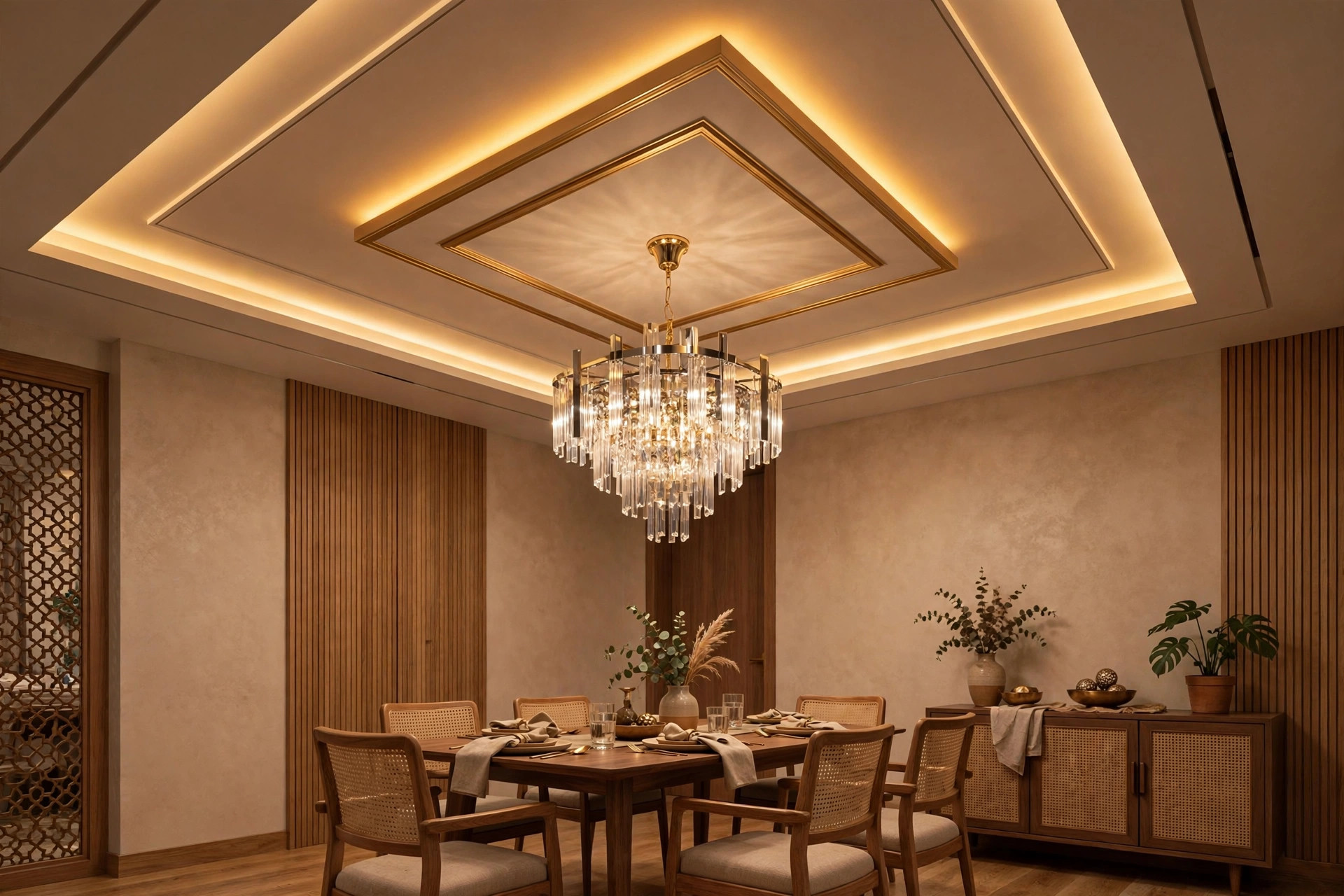 Concept render of an Indian dining room with a modern chandelier hanging from the false ceiling