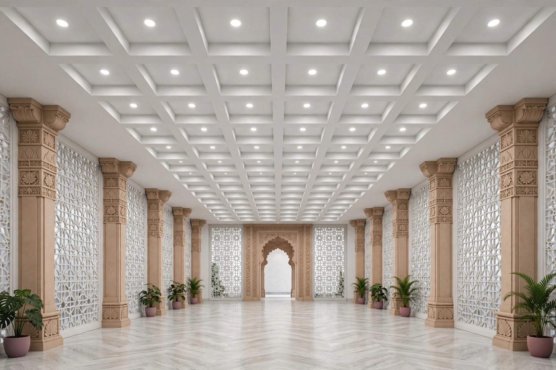 Concept render of an Indian hall with a grid of recessed downlights in the false ceiling