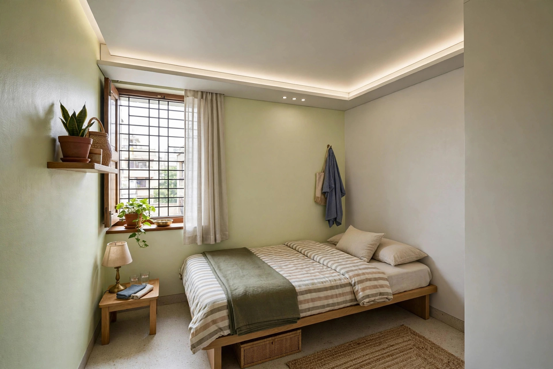 Concept render of a small Indian bedroom with a slim low-profile false ceiling in light colours