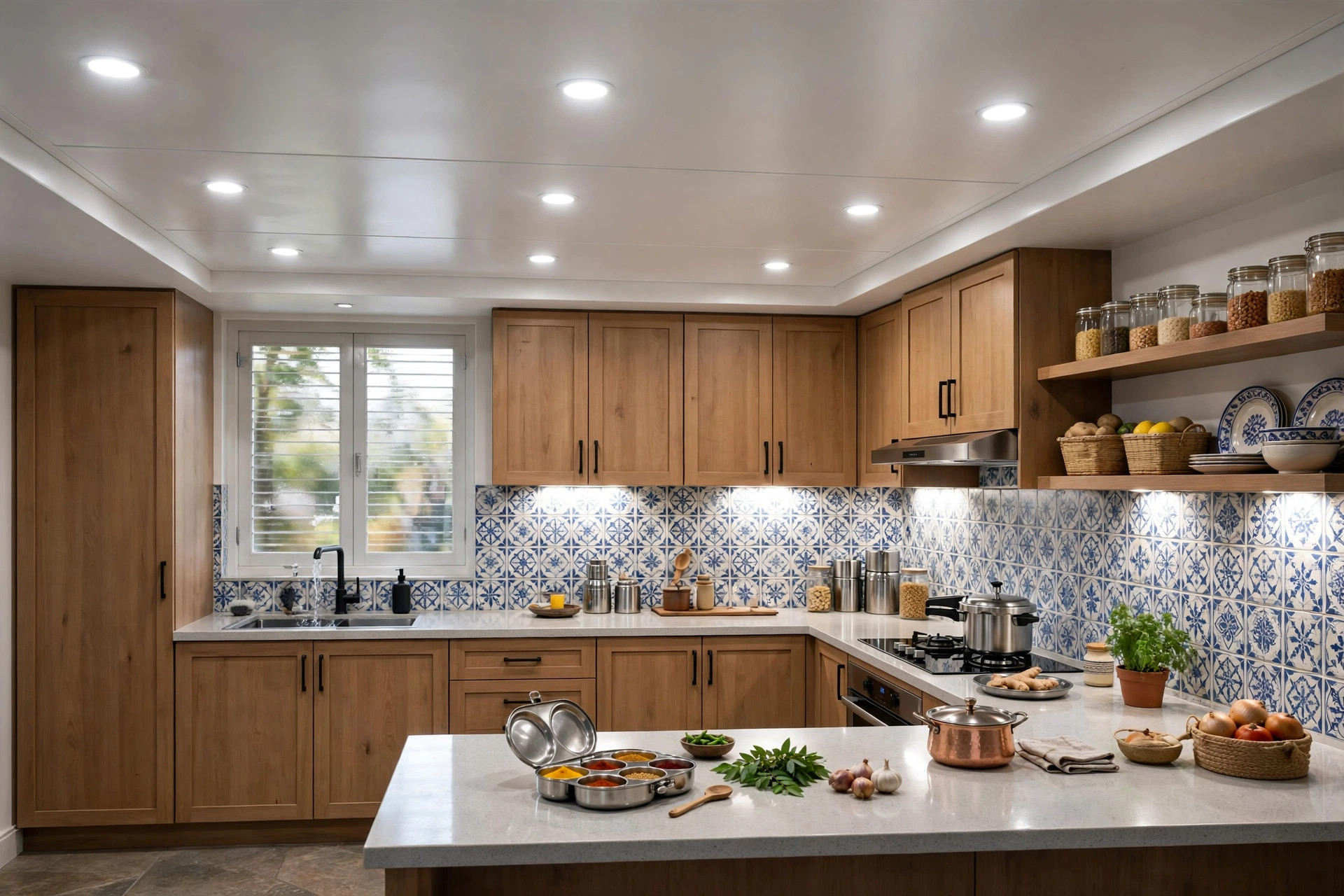 Concept render of an Indian kitchen with a moisture-resistant false ceiling and task lighting