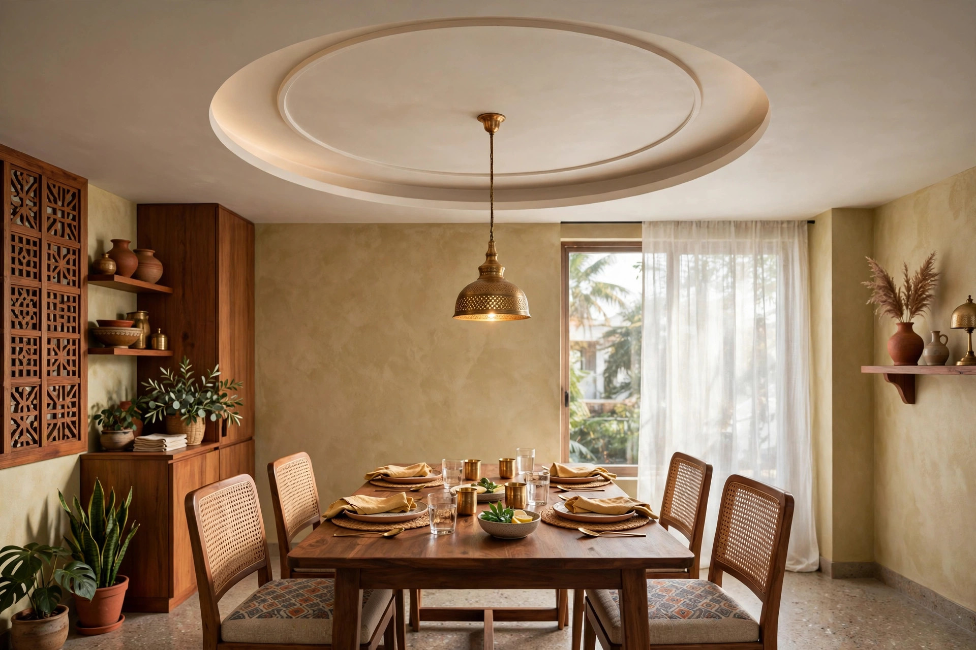 Concept render of an Indian dining area with a circular ceiling panel and pendant light above the table