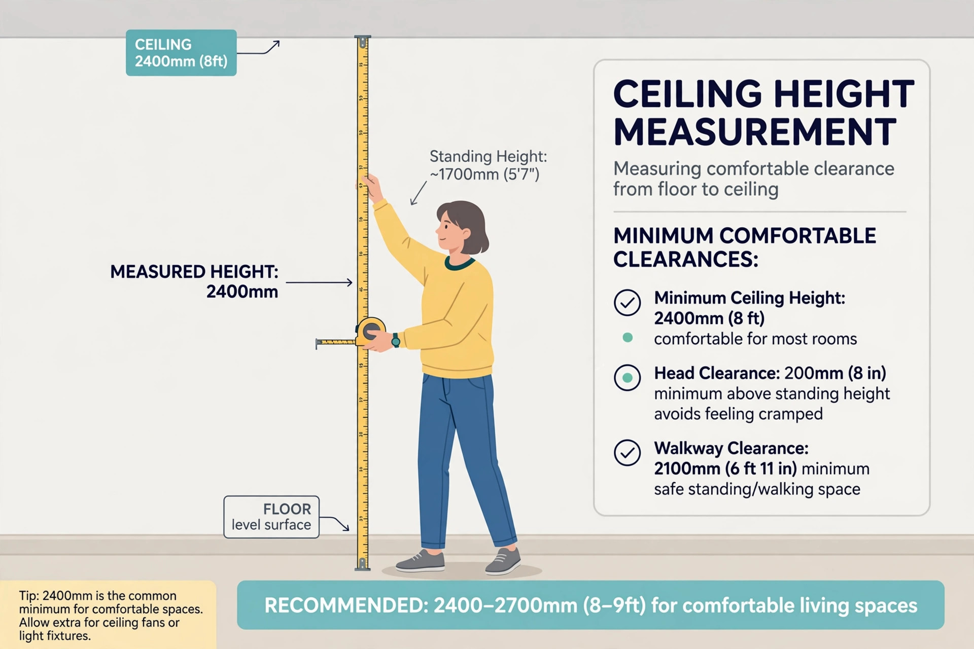 Illustration showing how to measure ceiling height in a room with a tape measure