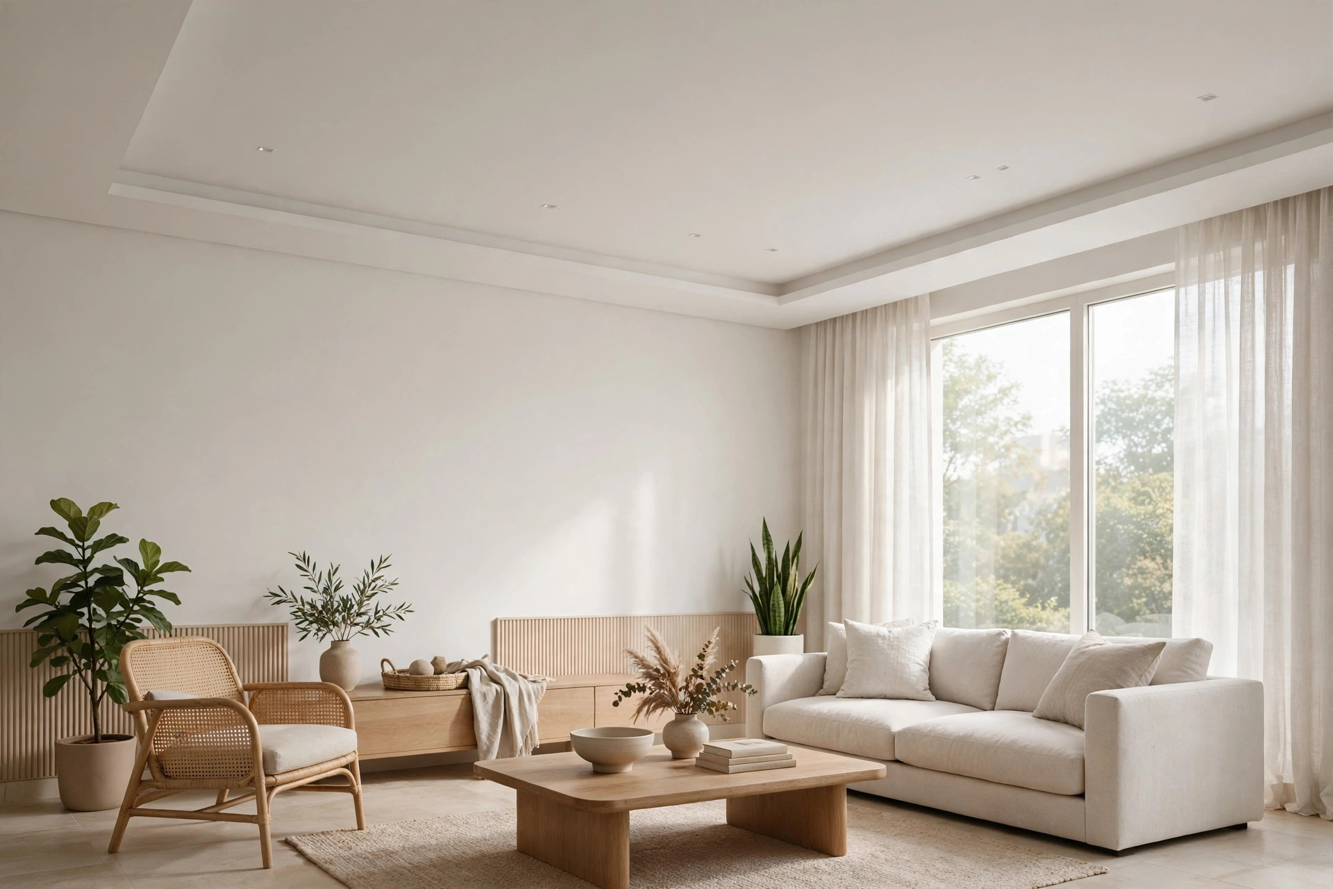 Concept render of an Indian living room with a plain white false ceiling