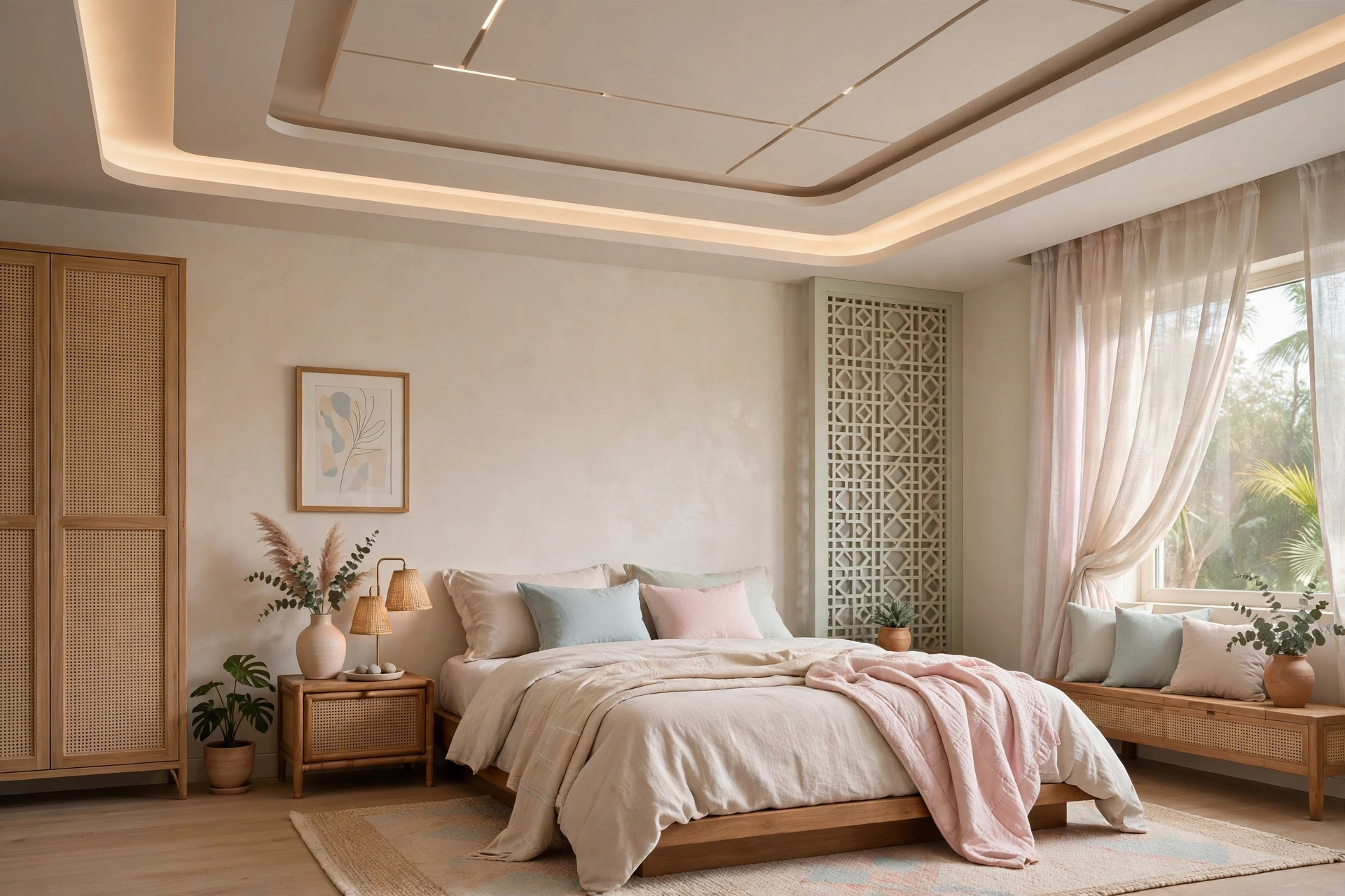 Concept render of an Indian bedroom with a false ceiling in soft beige and pastel tones