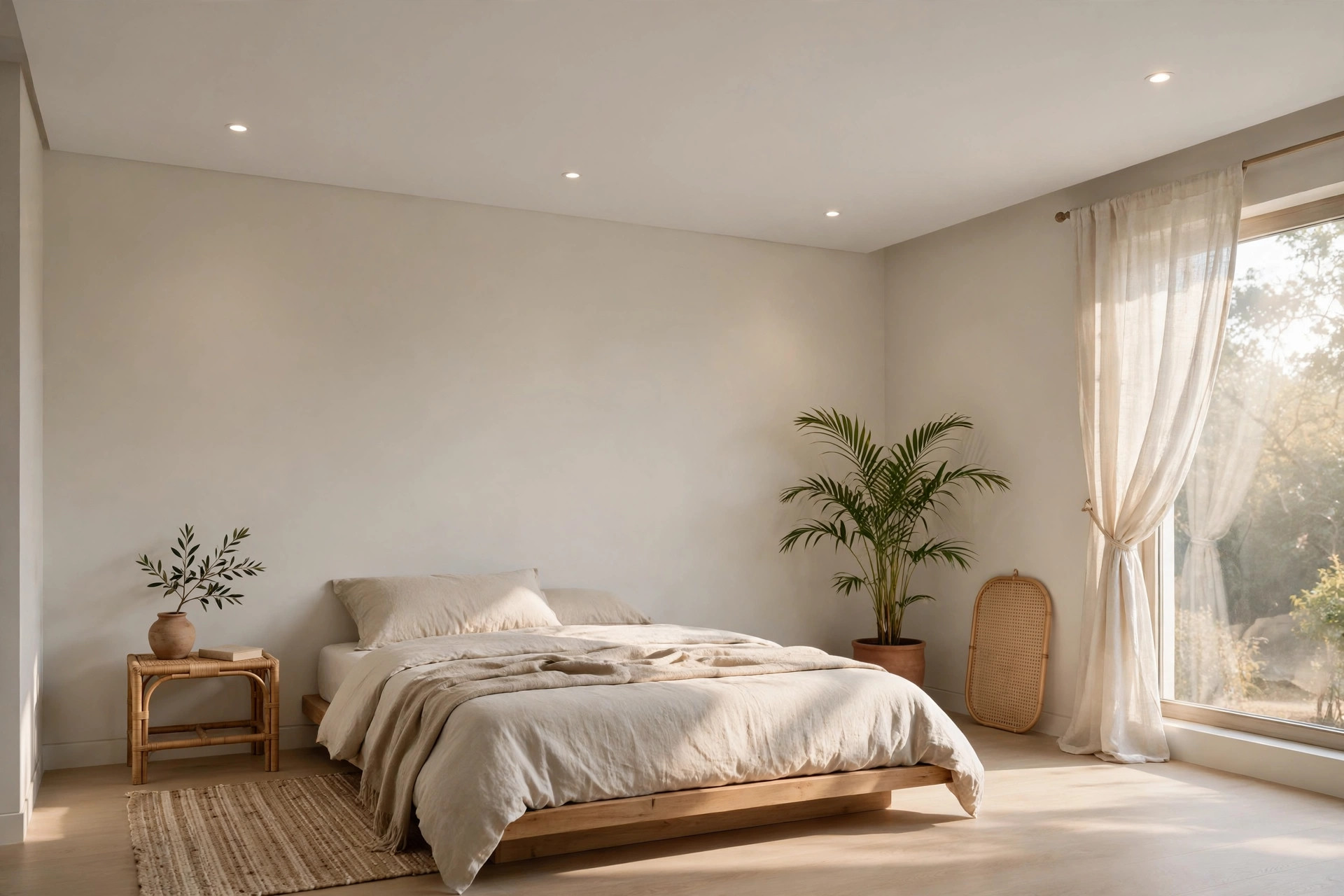 Concept render of a minimalist Indian bedroom with a flat single-layer false ceiling