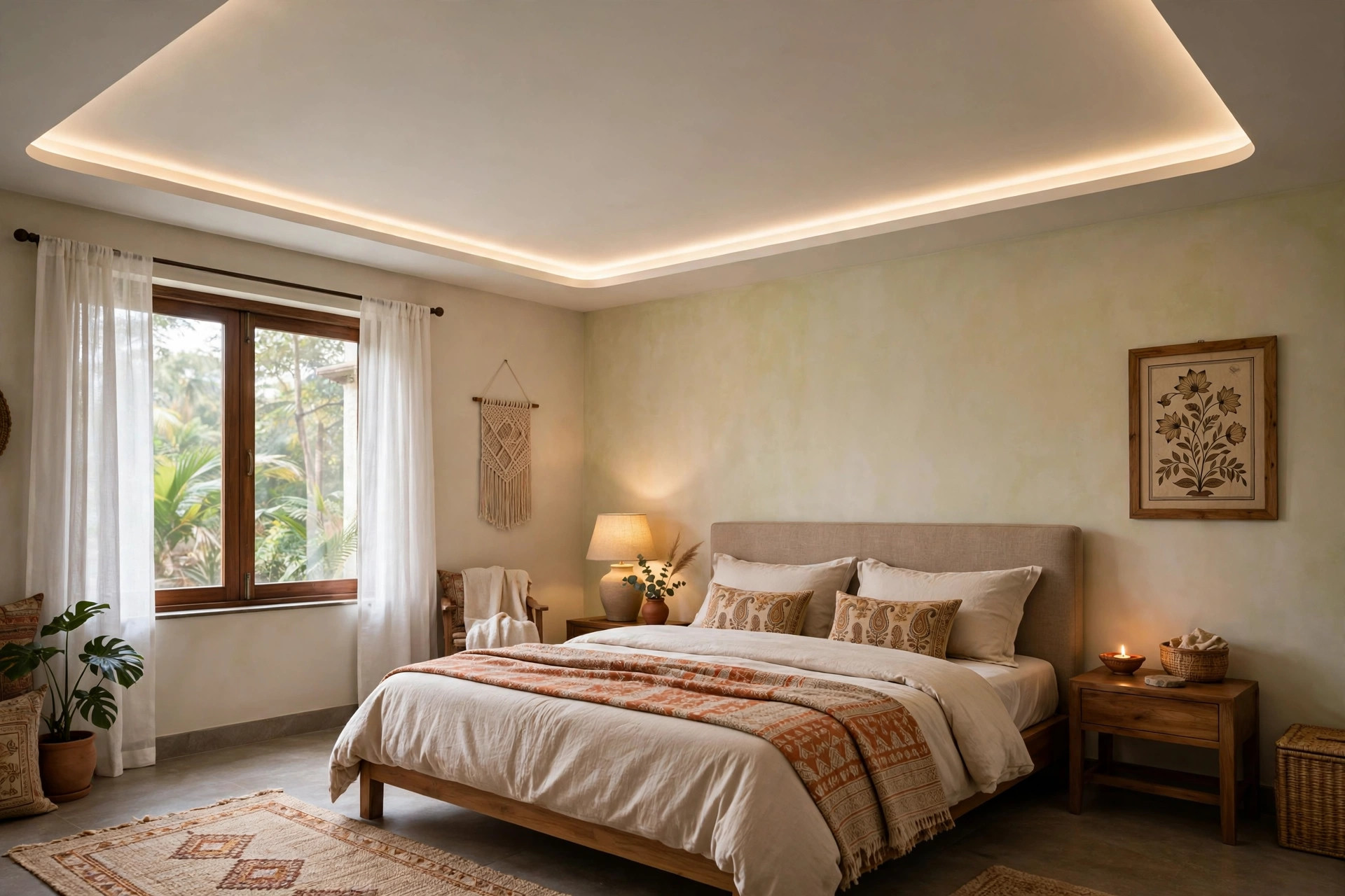 Concept render of an Indian bedroom with a peripheral border false ceiling