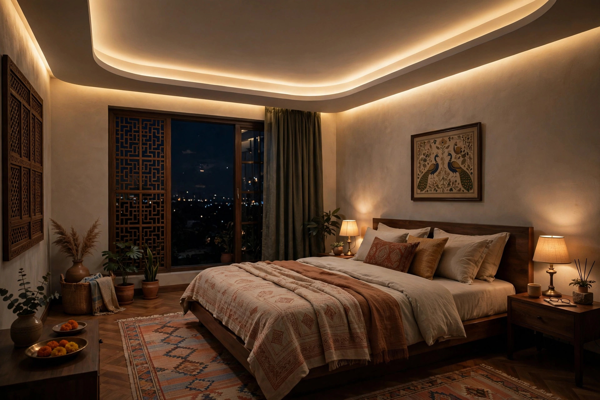 Concept render of an Indian bedroom at night with a cove-lit false ceiling