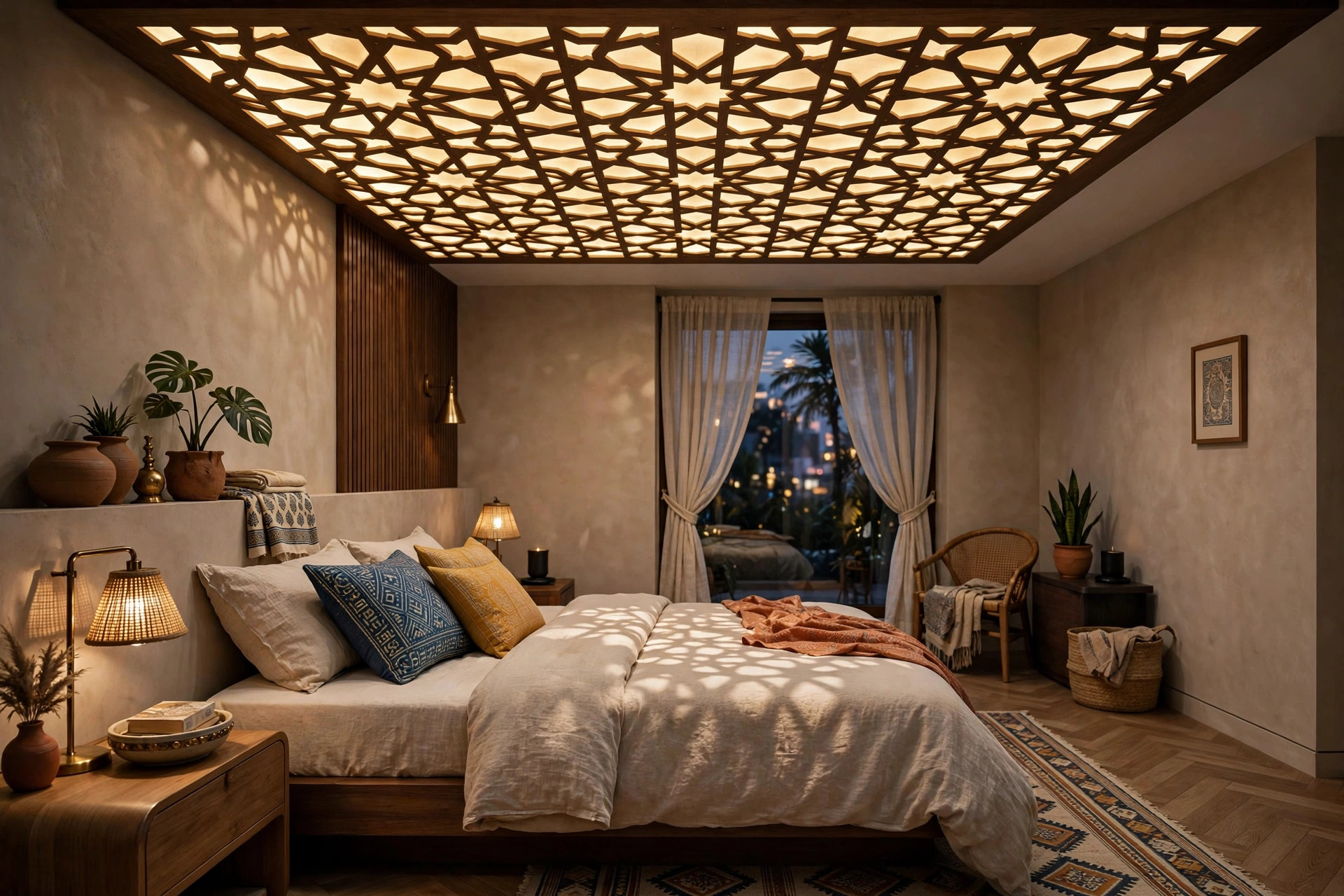 Concept render of a contemporary Indian bedroom with a backlit geometric ceiling panel