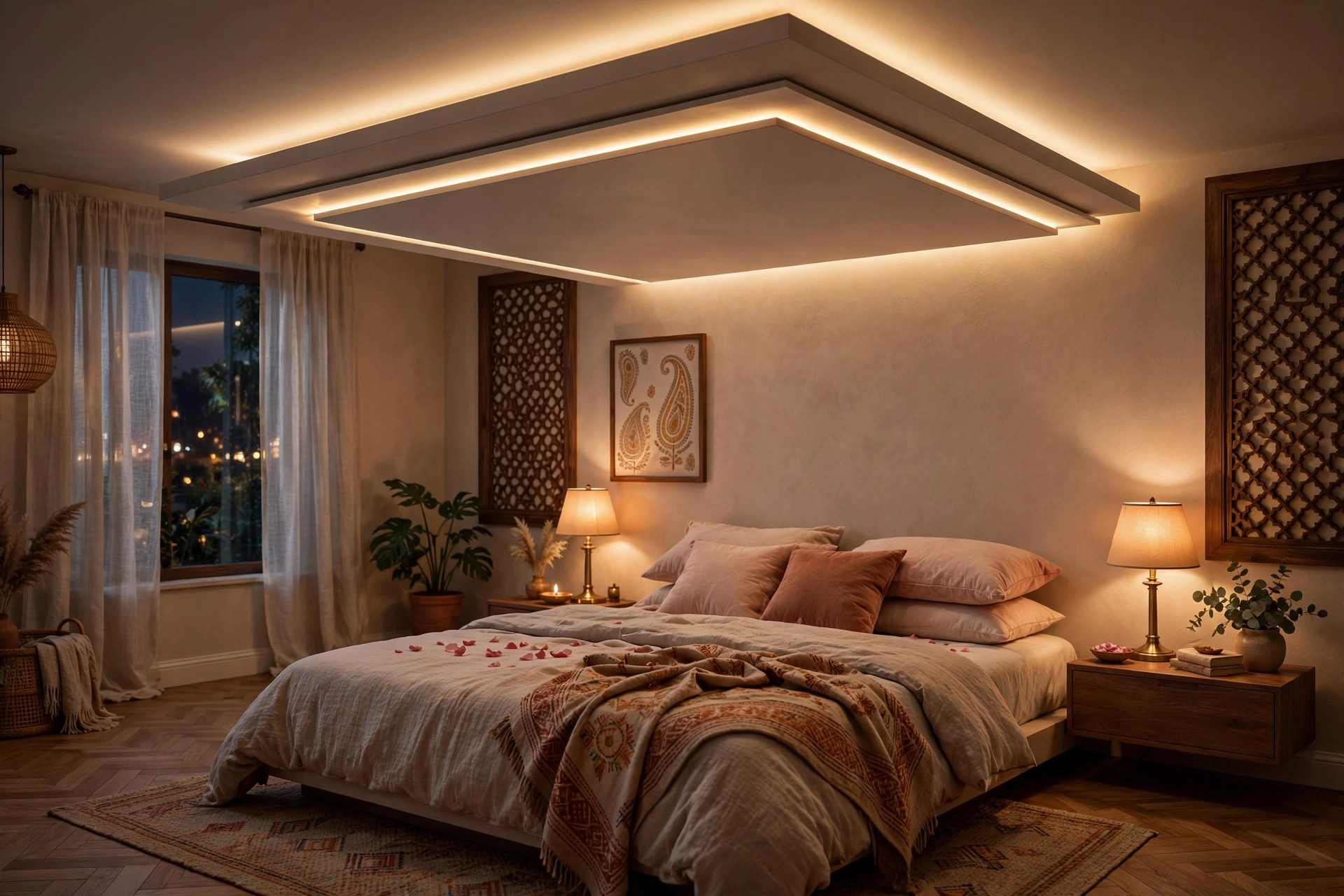 Concept render of an Indian bedroom with a floating backlit ceiling panel