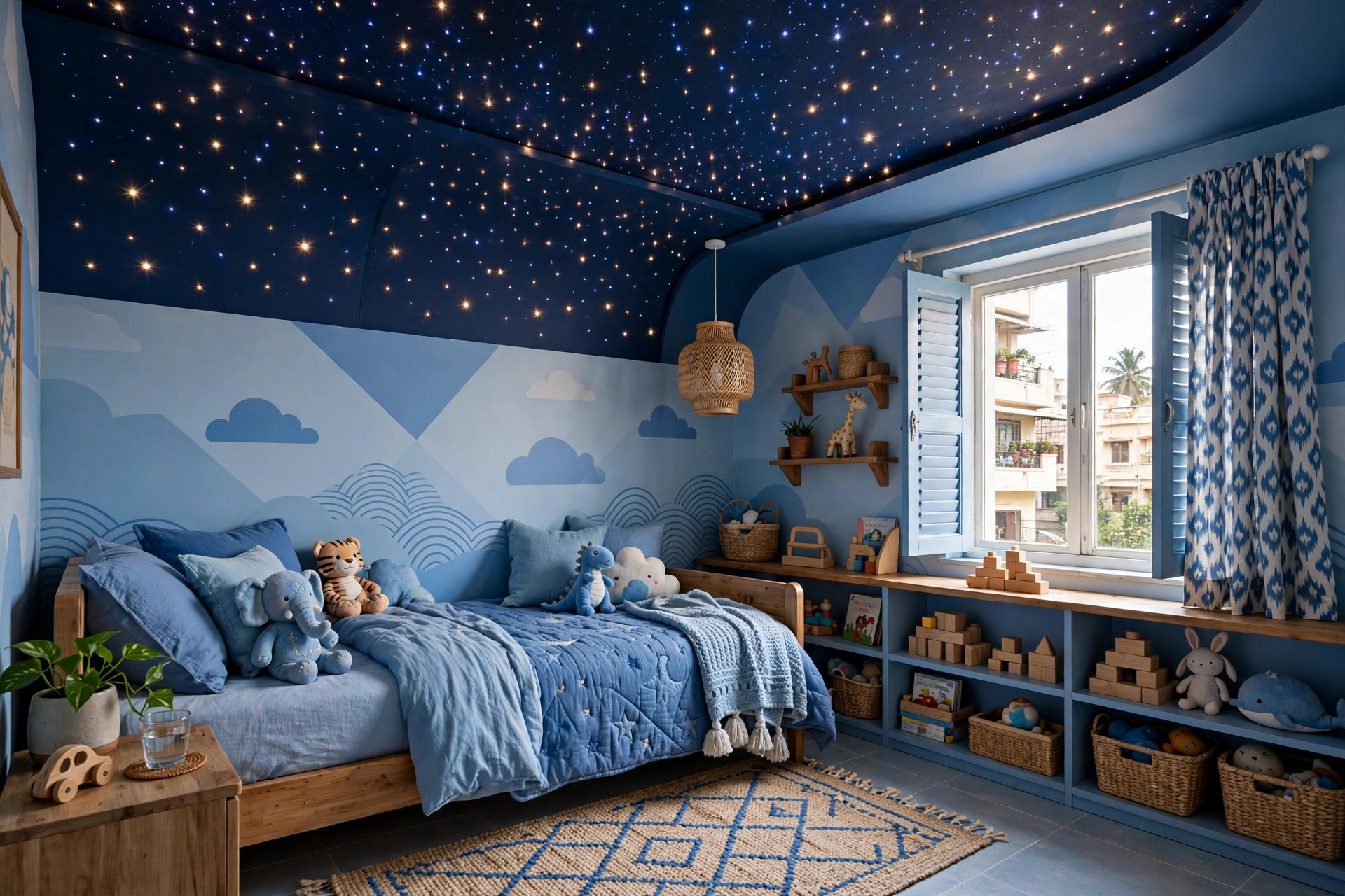Concept render of a kids bedroom in India with a starry-night false ceiling
