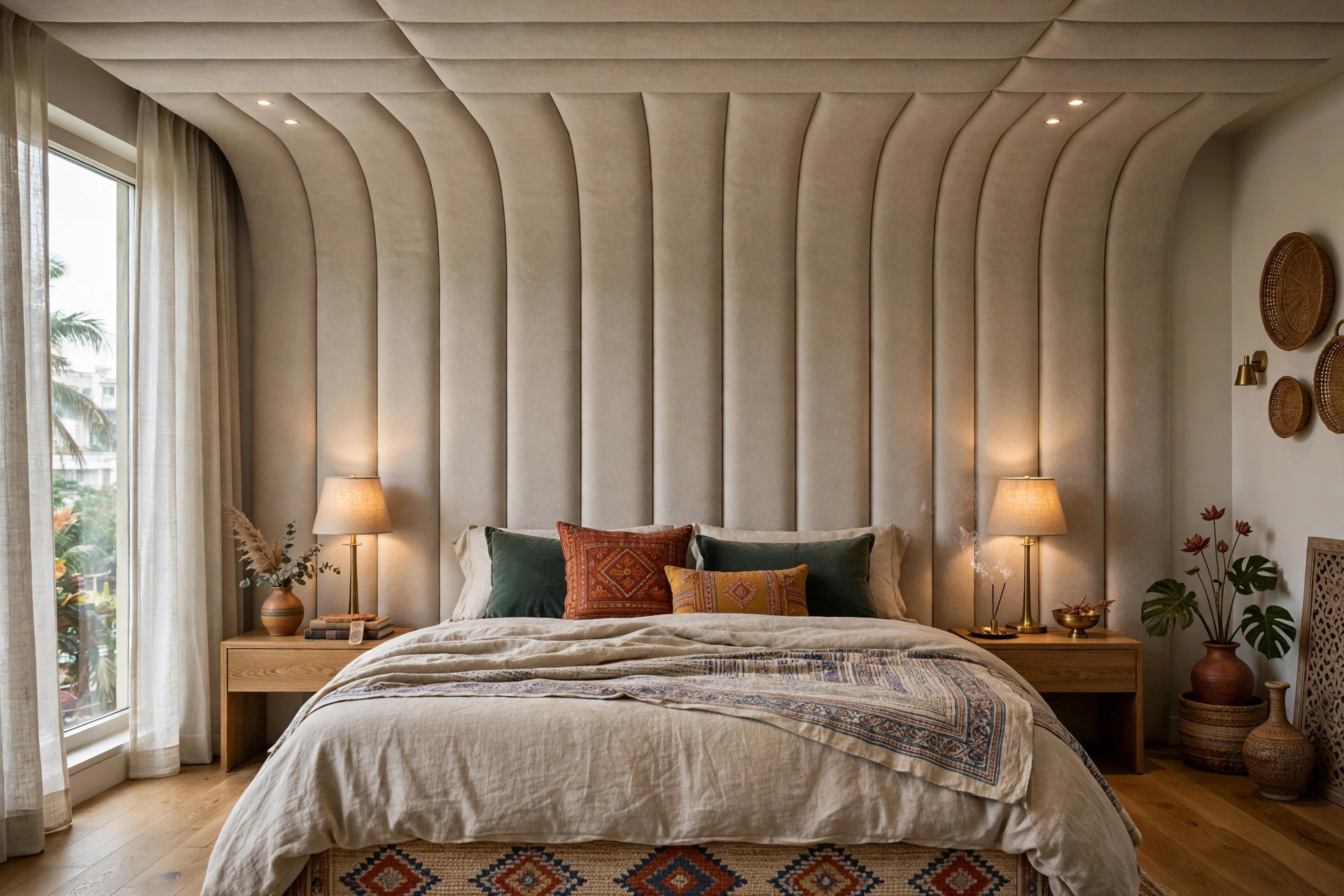 Concept render of an Indian bedroom where the headboard panel flows onto the ceiling