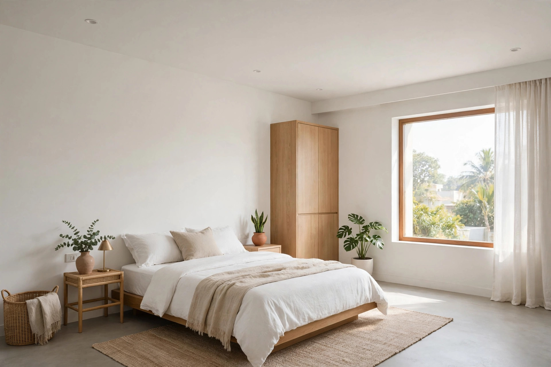 Concept render of an Indian bedroom with a plain white false ceiling