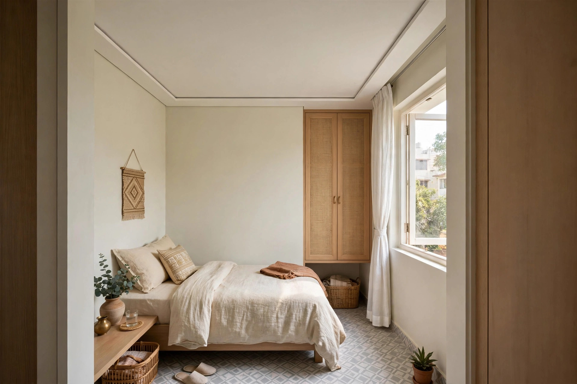 Concept render of a small Indian bedroom with a slim low-profile false ceiling