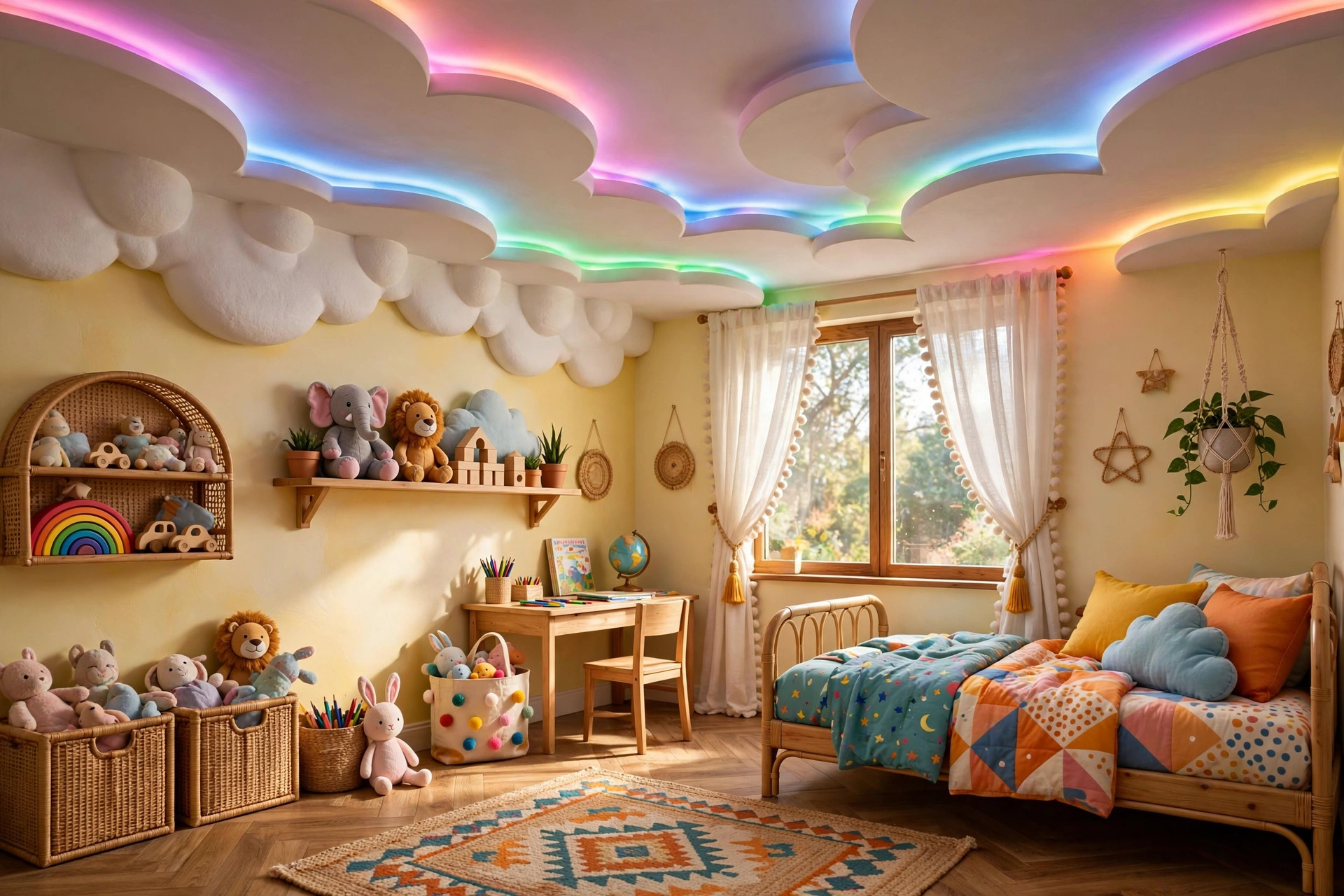 Concept render of a cheerful Indian kids room with a curved cloud-shaped ceiling design