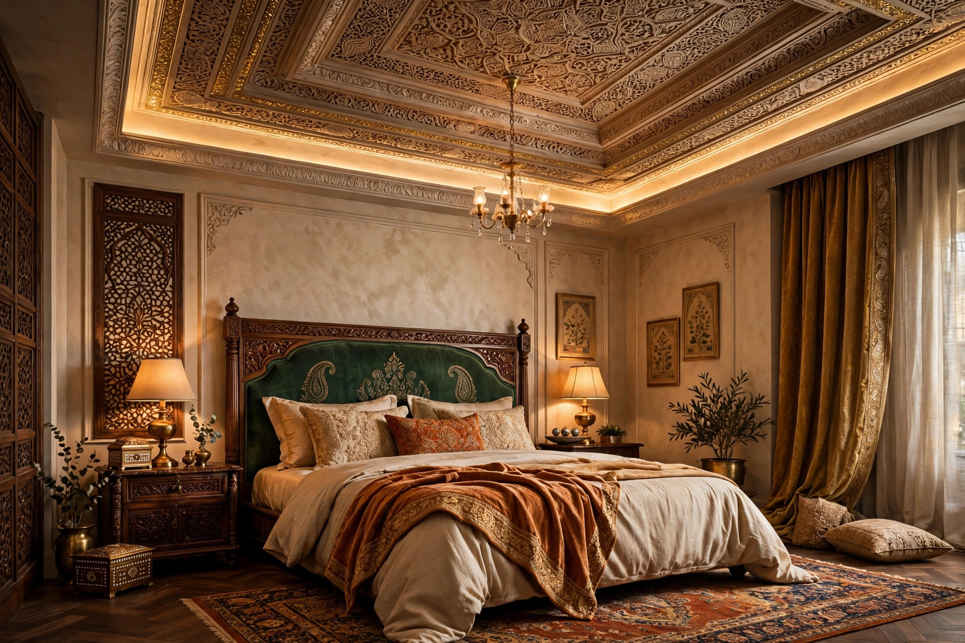 Concept render of a luxurious Indian master bedroom with an ornate false ceiling and chandelier