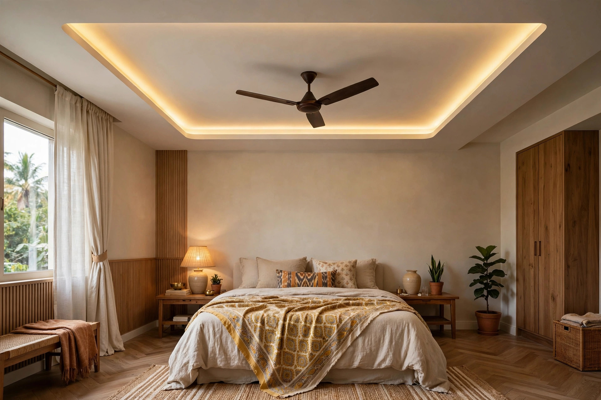 Concept render of an Indian bedroom with a tray false ceiling and ceiling fan at the center