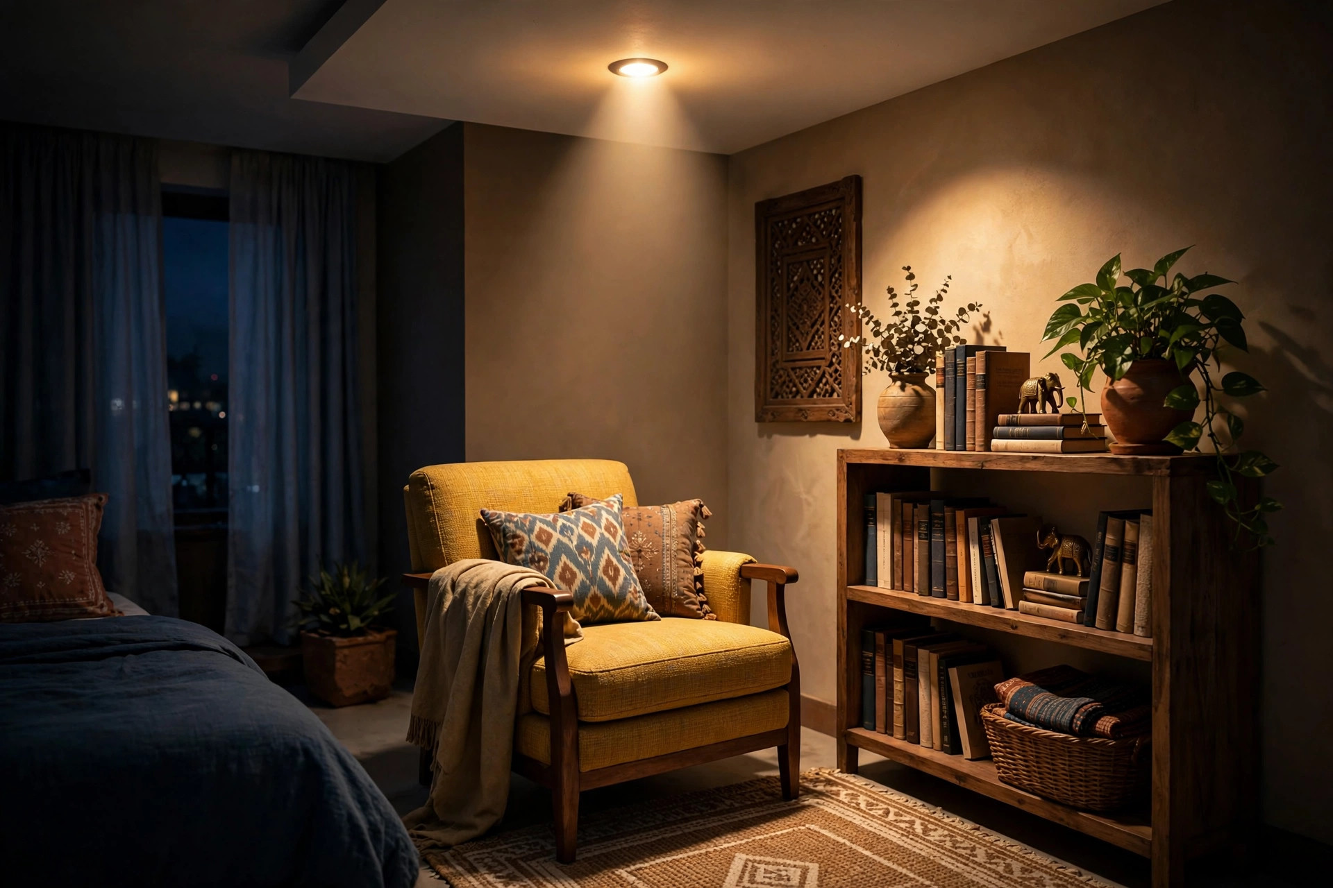 Concept render of an Indian bedroom reading corner lit by a warm ceiling spotlight