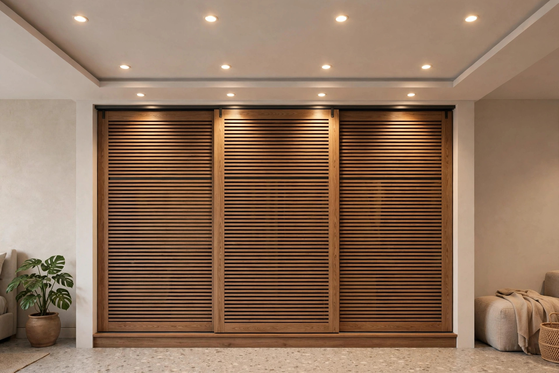 Concept render of an Indian bedroom wardrobe area with recessed ceiling spotlights