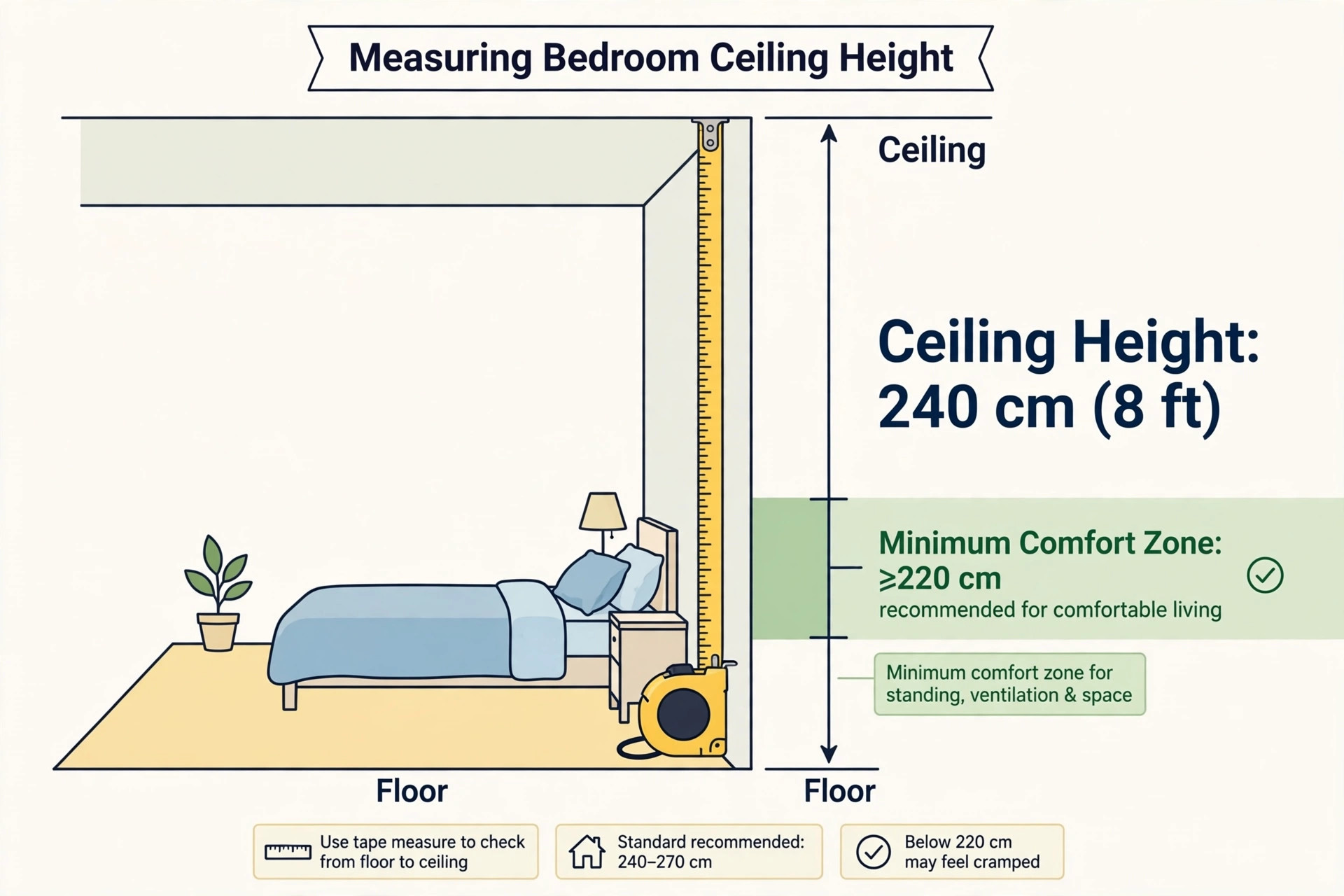 Illustration showing how to measure bedroom ceiling height with a tape measure