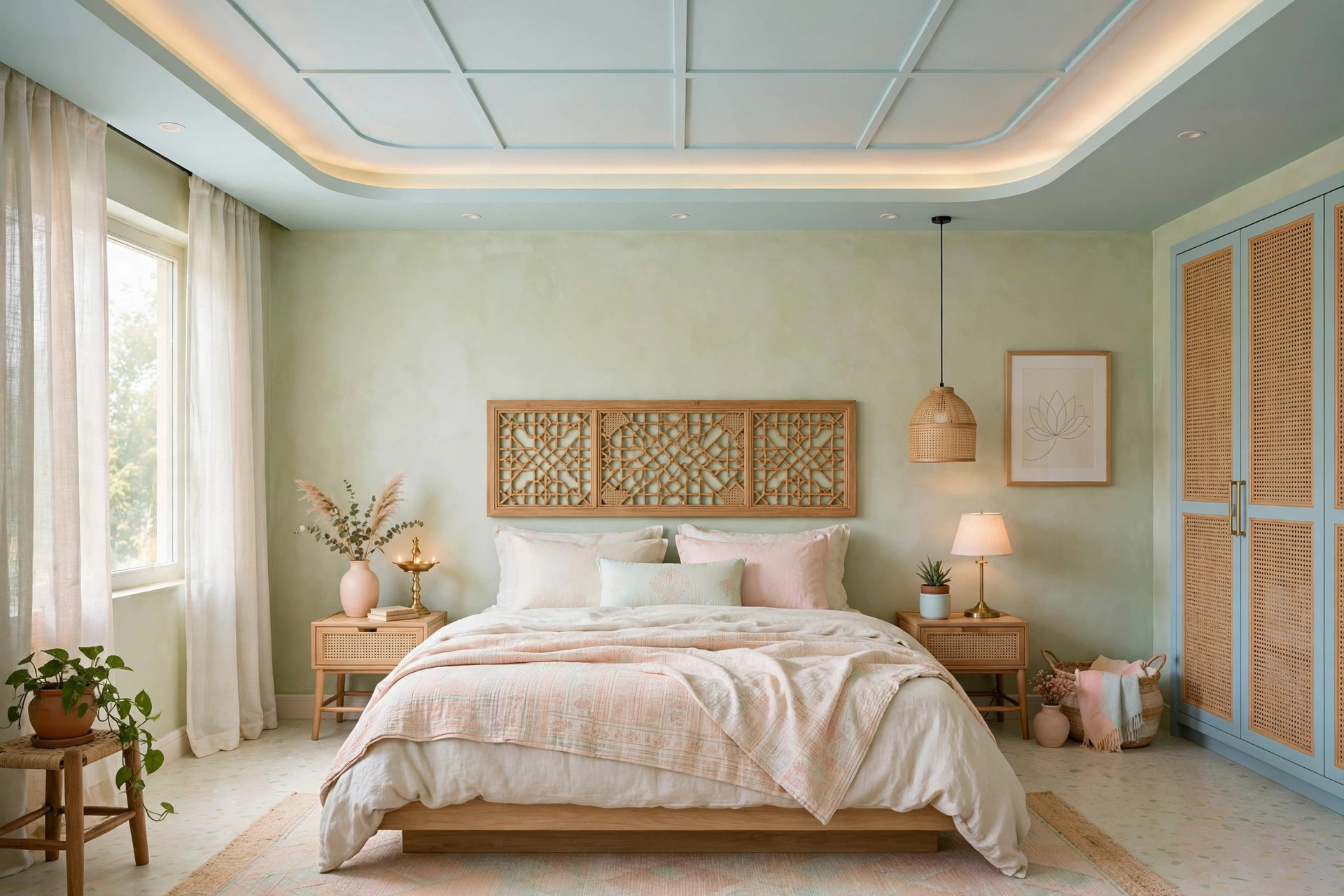 Concept render of an Indian bedroom with a false ceiling in soft pastel tones