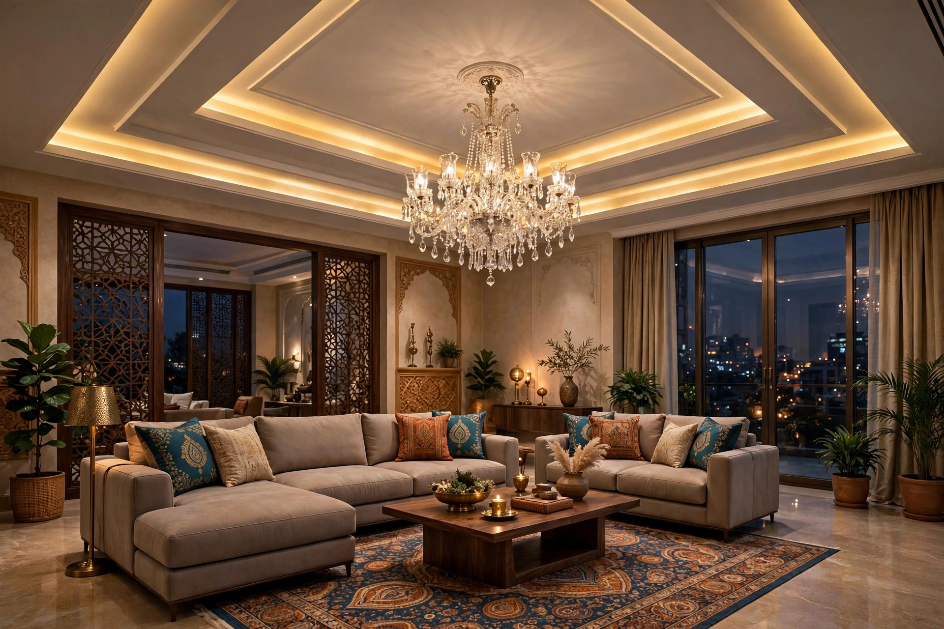 Concept render of a grand Indian living room with a layered tray false ceiling, warm cove lighting and a crystal chandelier above a modern sofa set