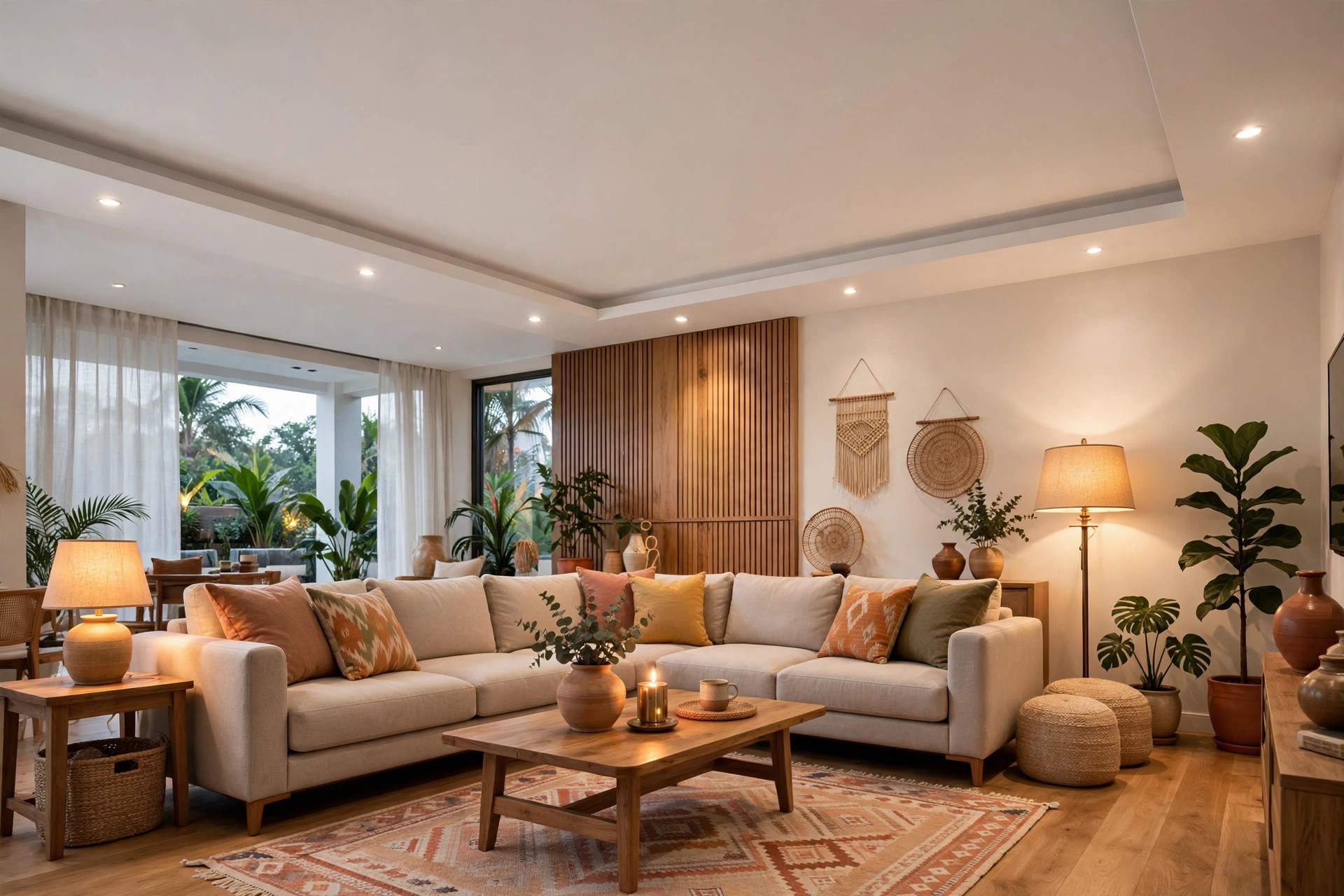 Concept render of a smooth white gypsum false ceiling with a single-step tray edge and recessed spotlights over a contemporary Indian living room
