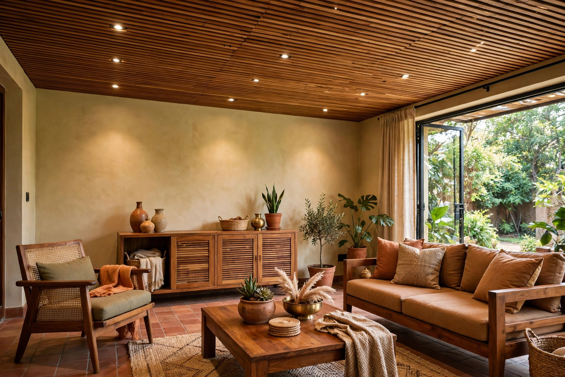 Concept render of a warm wooden batten slat false ceiling with recessed spotlights over an Indian living room with teak furniture