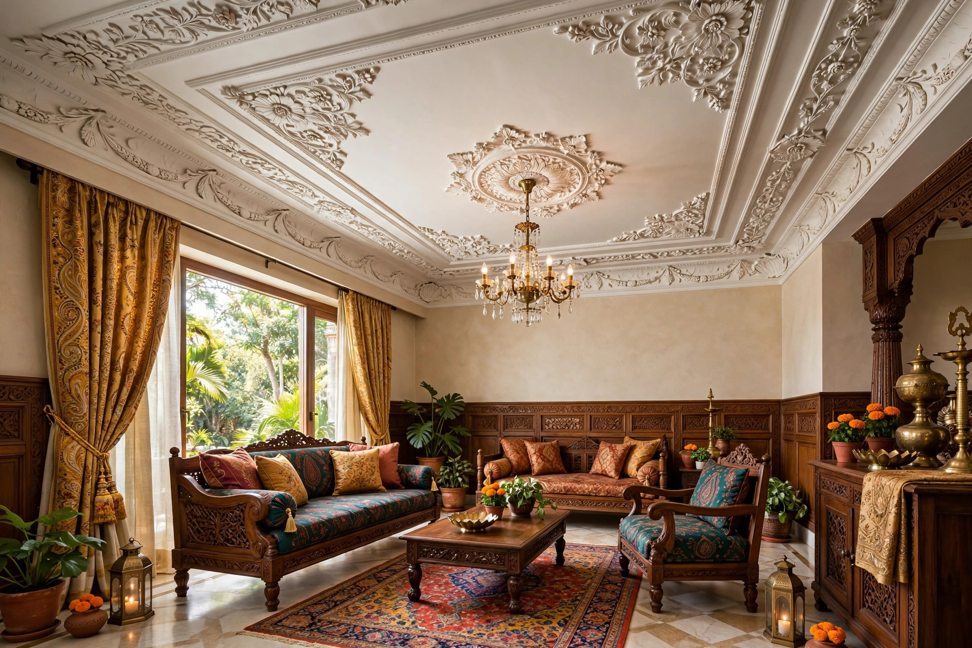 Concept render of an ornate POP false ceiling with classic mouldings and floral corner motifs in an elegant Indian living room