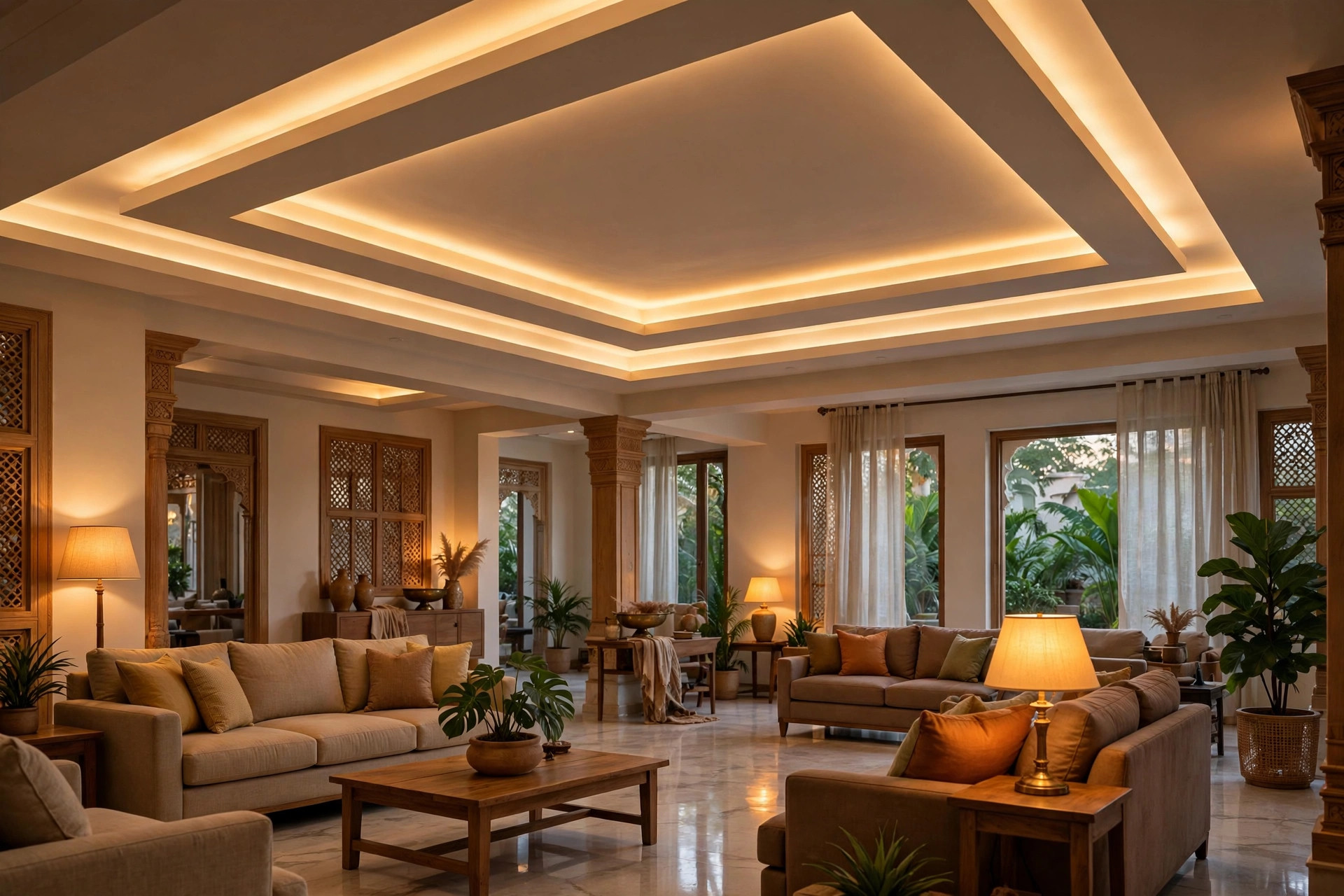 Concept render of a double-layered tray false ceiling with warm LED cove lighting in a spacious Indian hall