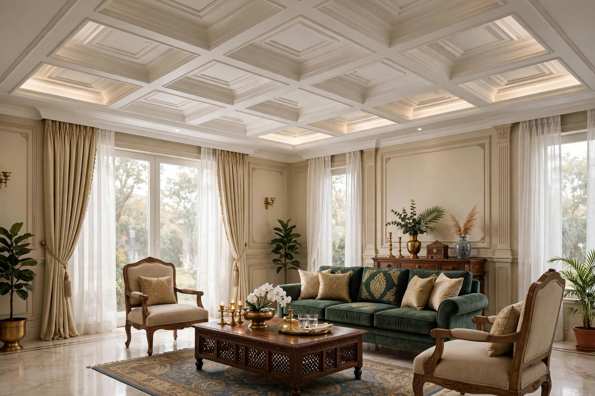 Concept render of a classic coffered sunken-panel grid false ceiling in a formal Indian living room