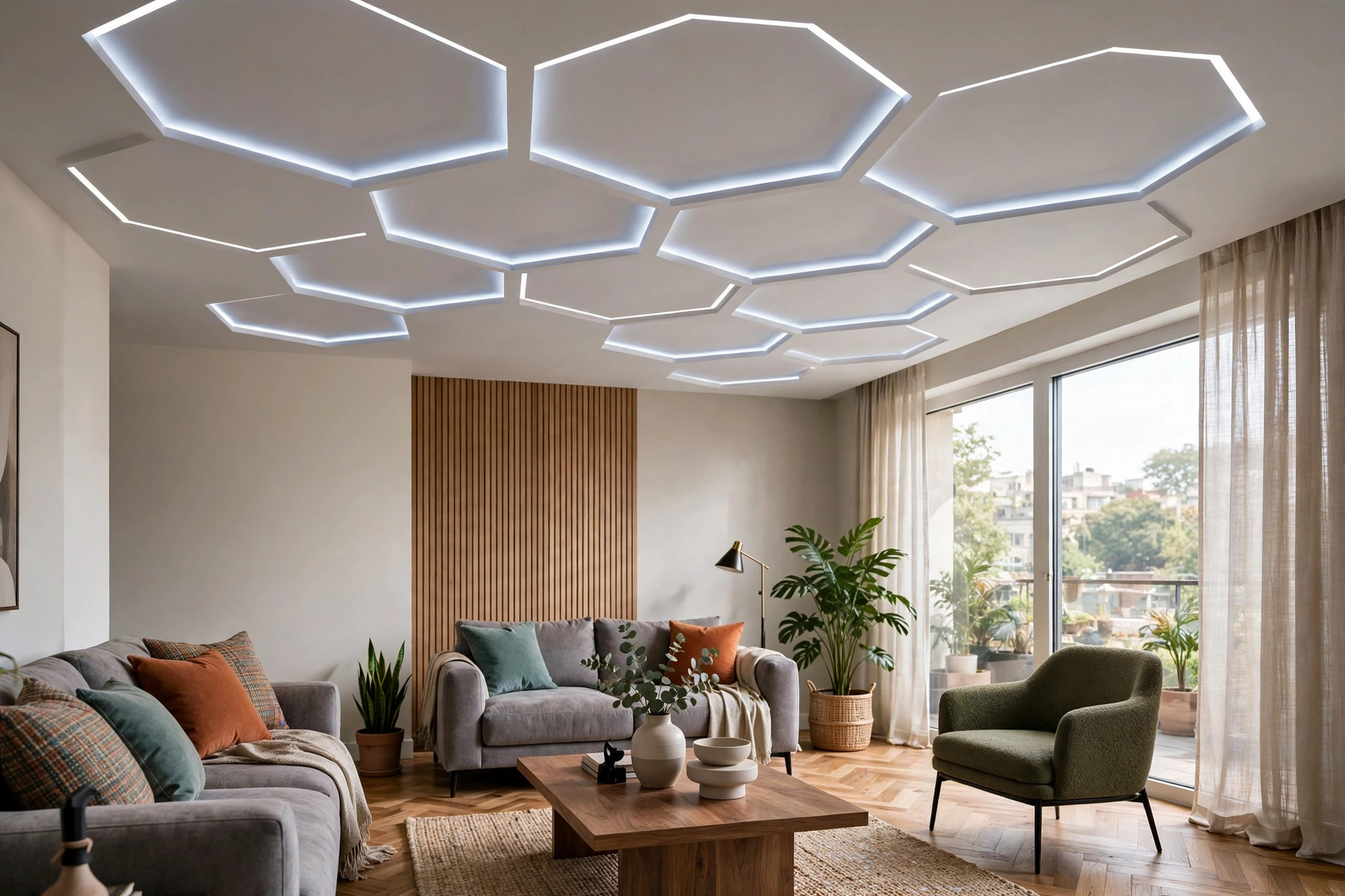 Concept render of a modern geometric-pattern POP false ceiling with hexagon shapes and LED accents in an Indian living room