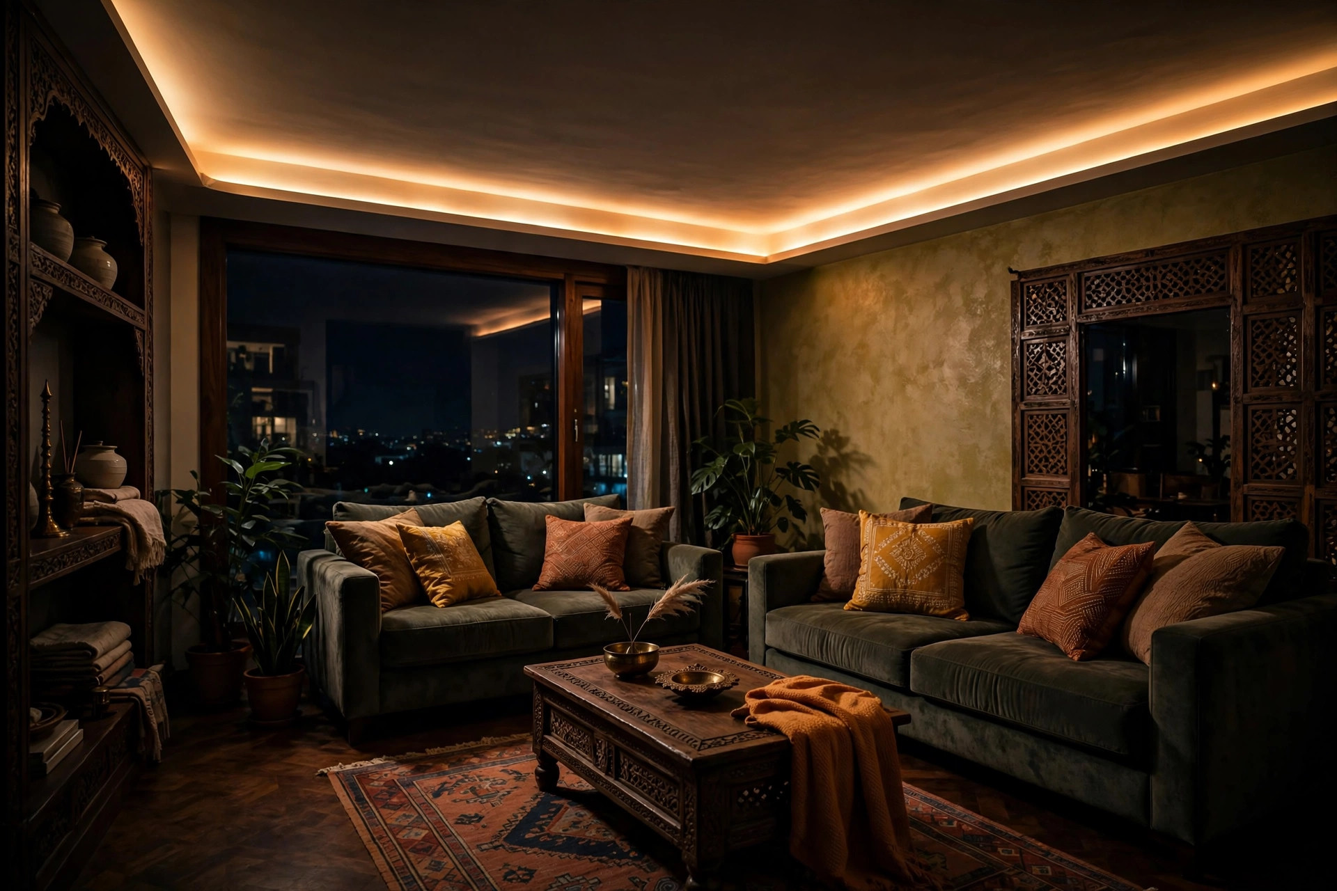 Concept render of an Indian living room at night with dramatic cove lighting washing the ceiling edges in a warm glow