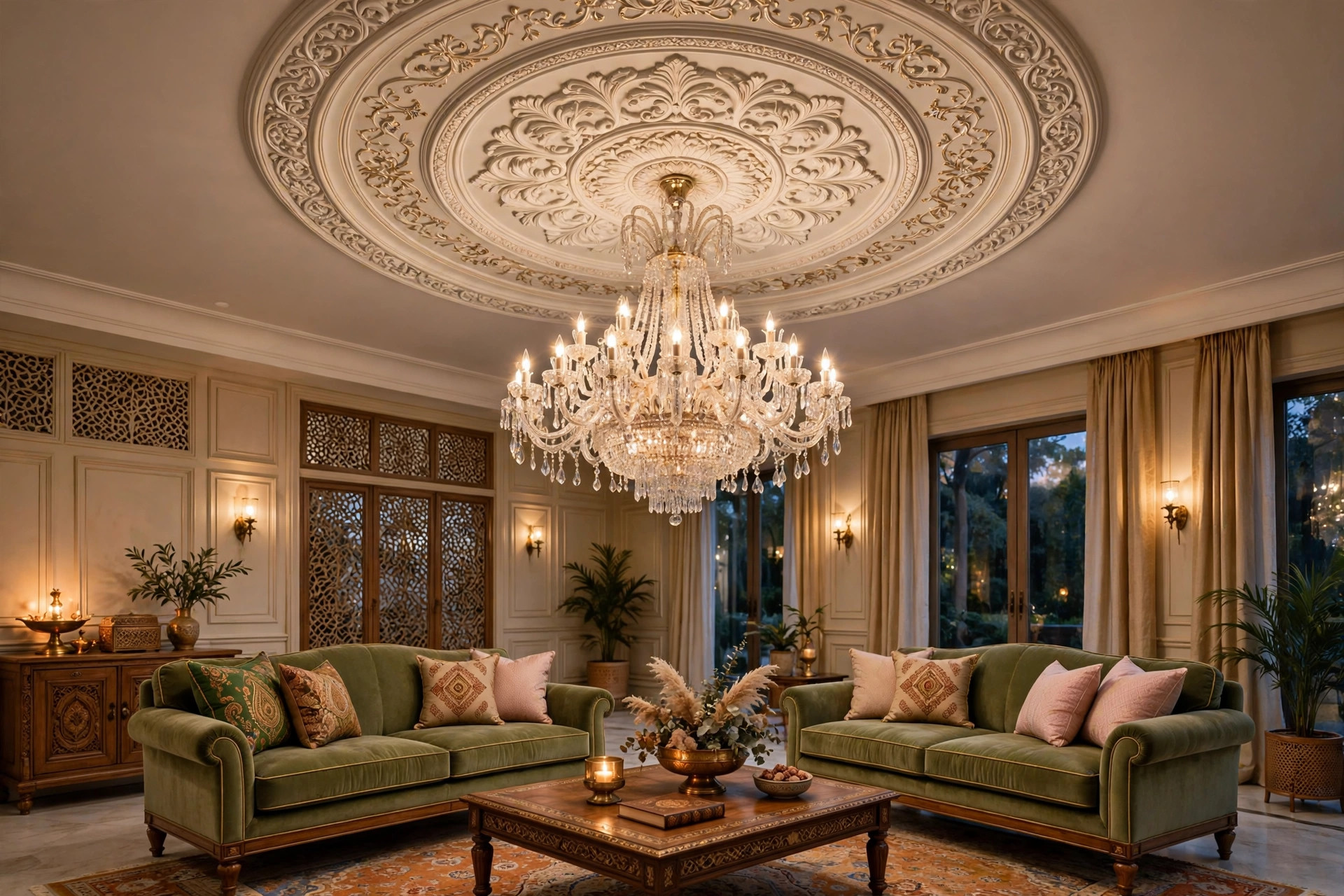 Concept render of a circular ceiling medallion with a grand chandelier as the centrepiece of a luxurious Indian living room