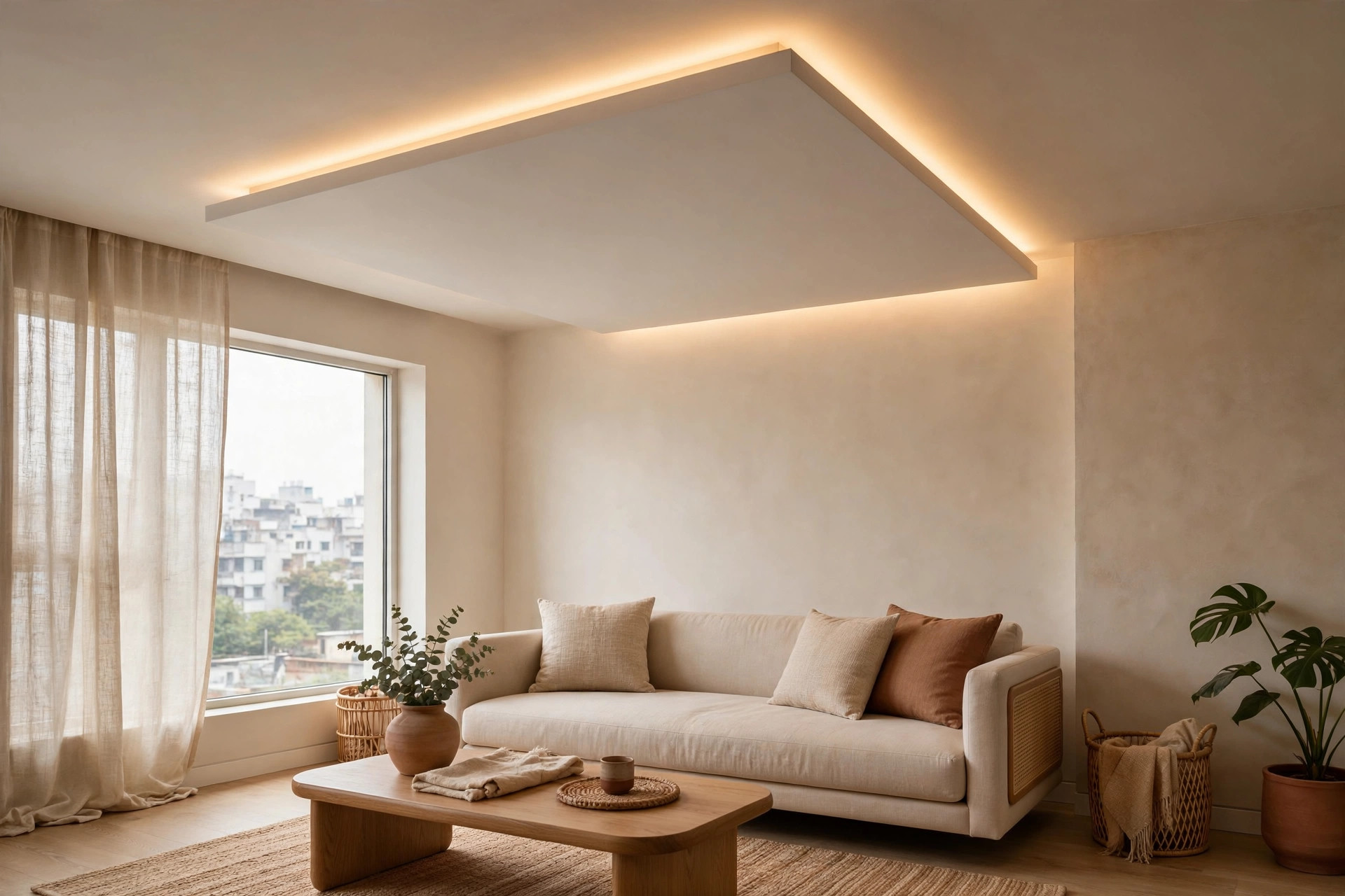 Concept render of a modern floating central ceiling panel with halo LED strip lighting in a minimalist Indian apartment living room