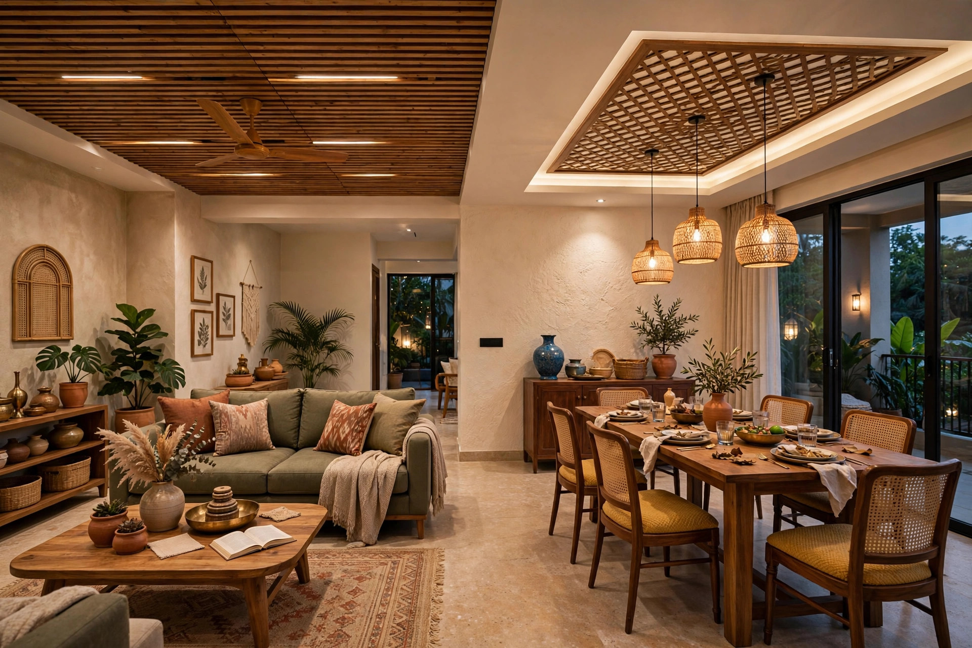 Concept render of an open-plan Indian living-cum-dining space where the ceiling design subtly separates the lounge and dining zones