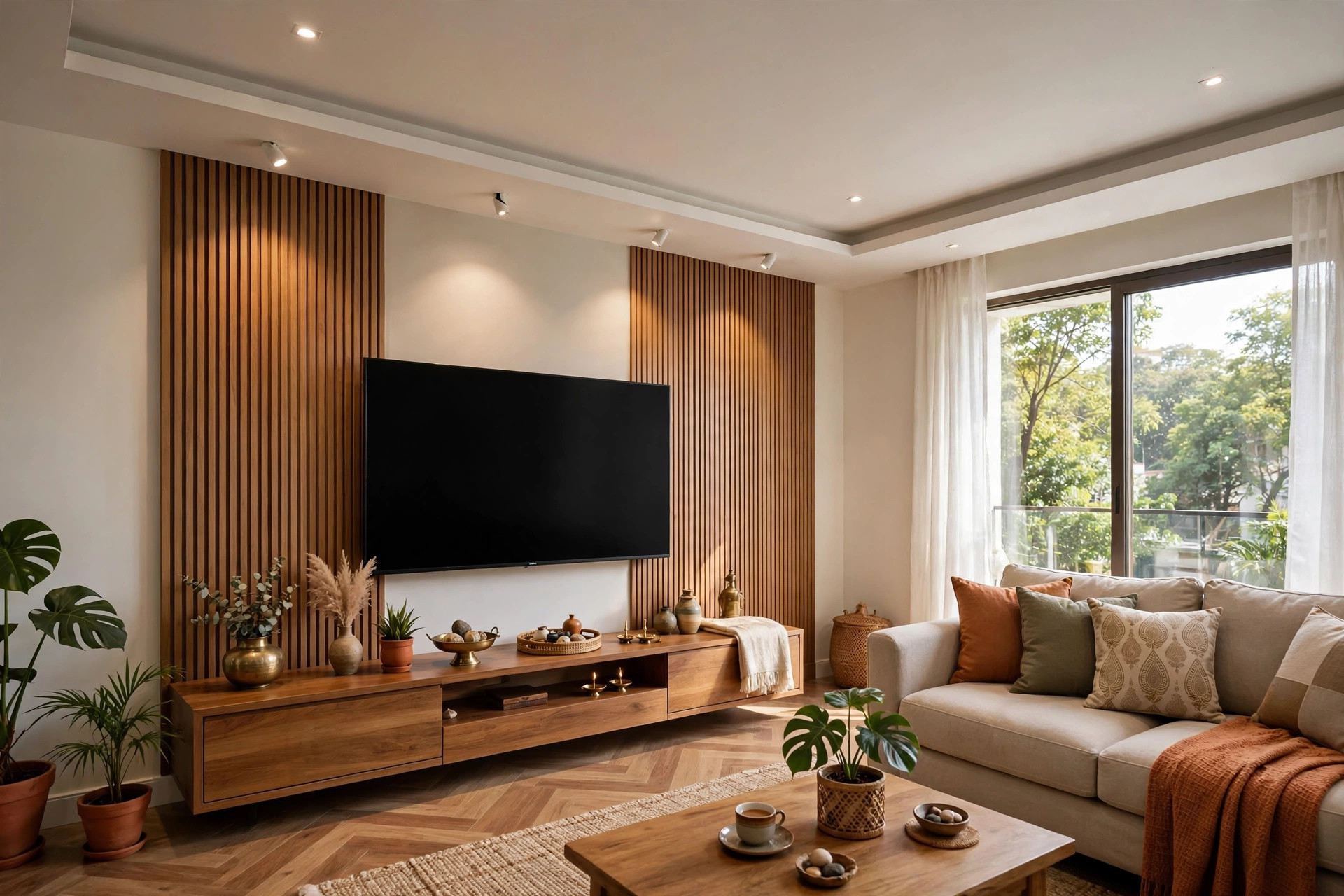 Concept render of an Indian living room TV wall with ceiling spotlights angled away from the screen to avoid glare