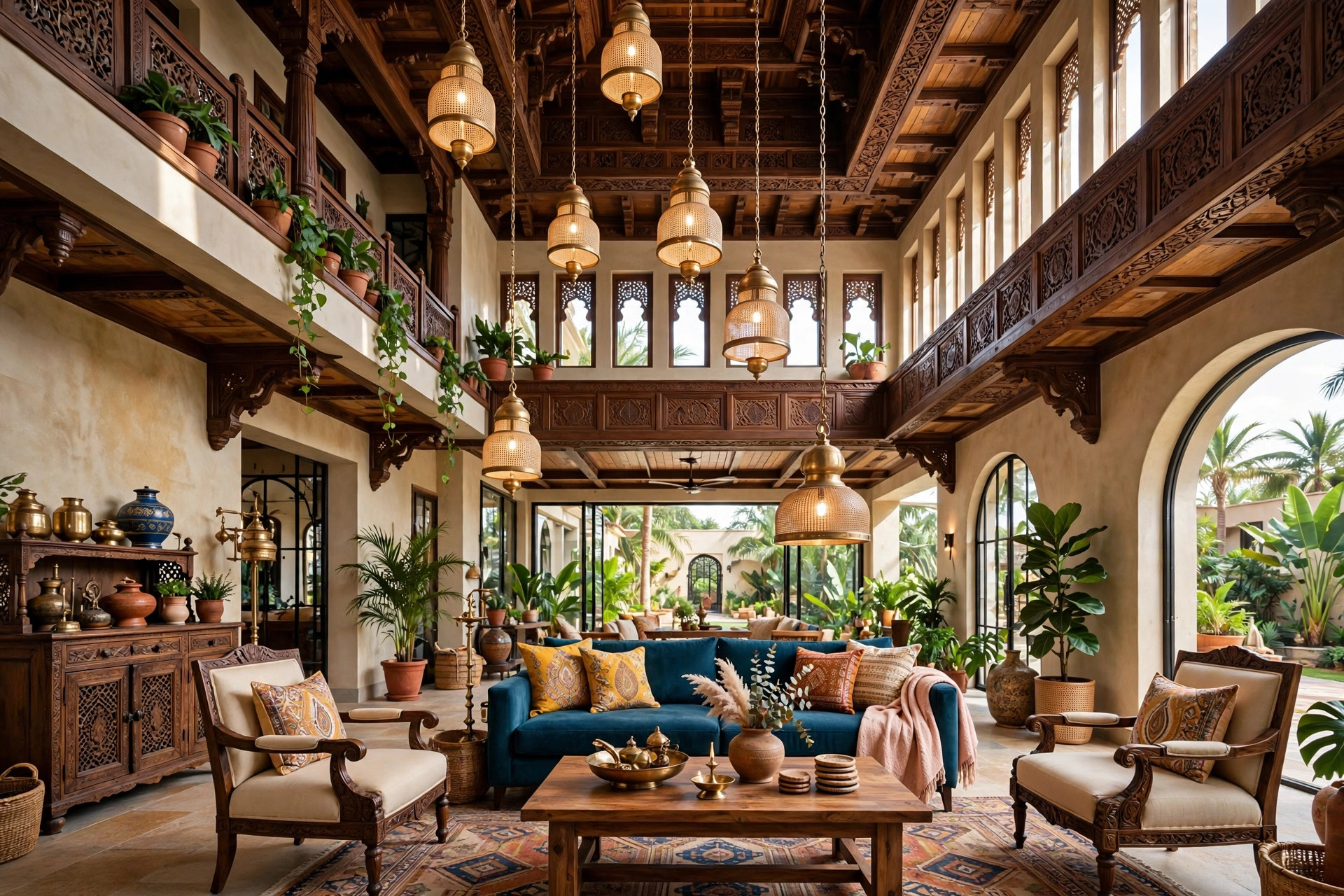 Concept render of a double-height Indian living room with a dramatic tall ceiling design and long statement pendant lights