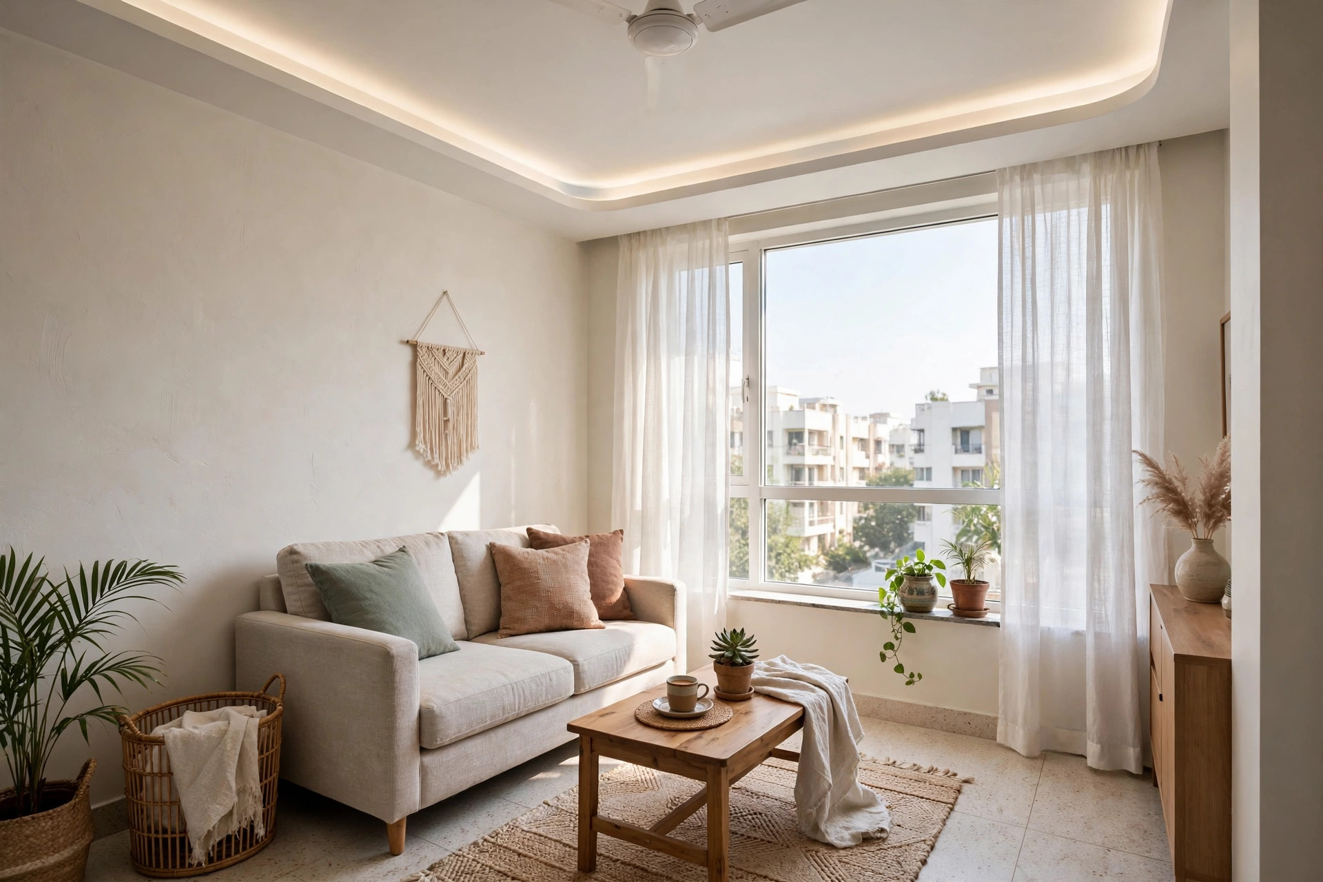 Concept render of a compact Indian apartment living room with a slim single-level false ceiling and hidden cove light, feeling airy